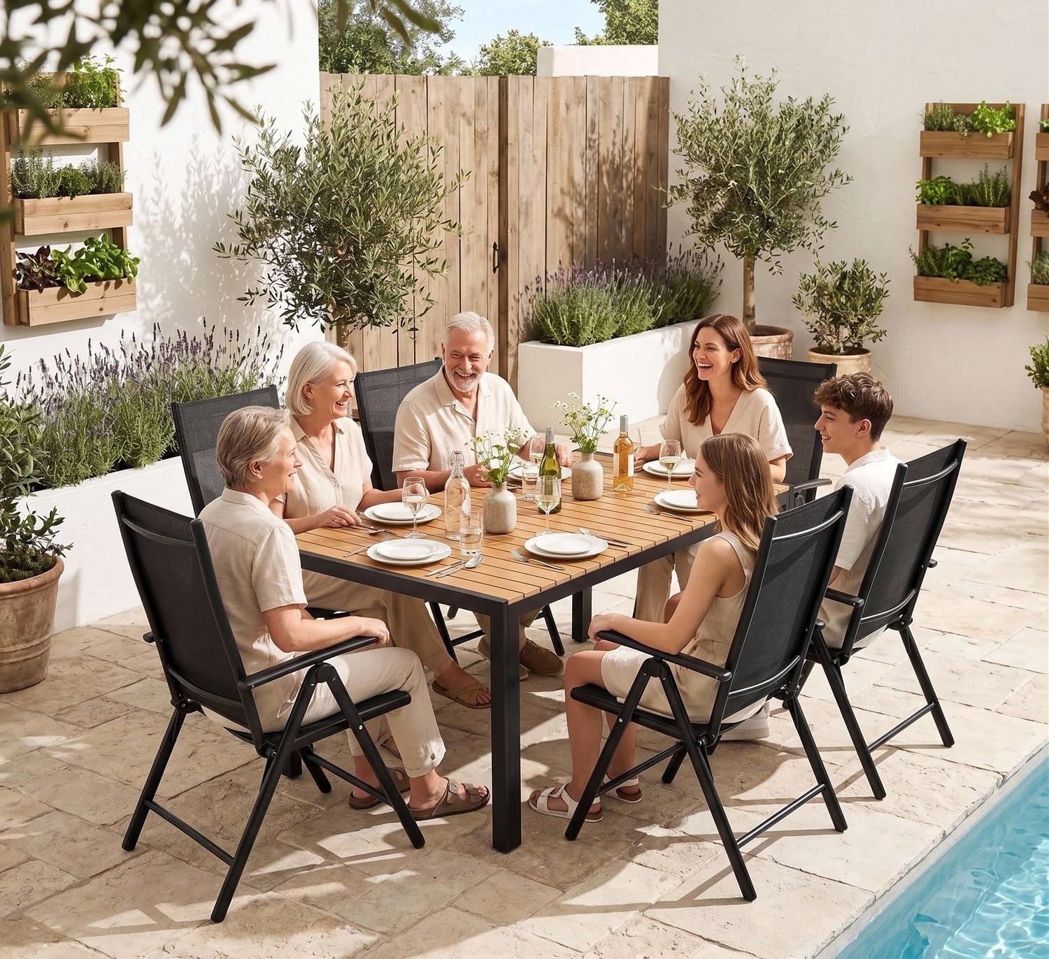 LIFERUN Gartenmöbel Set 6 Stühle mit Tisch Wetterfest, Aluminiumrahmen | WPC Gartentisch 140x90x75 cm, Verstellbare Hochlehner Klappstühle, Stabiler, Pflegeleicht, Outdoor Essgruppe Sitzgruppe