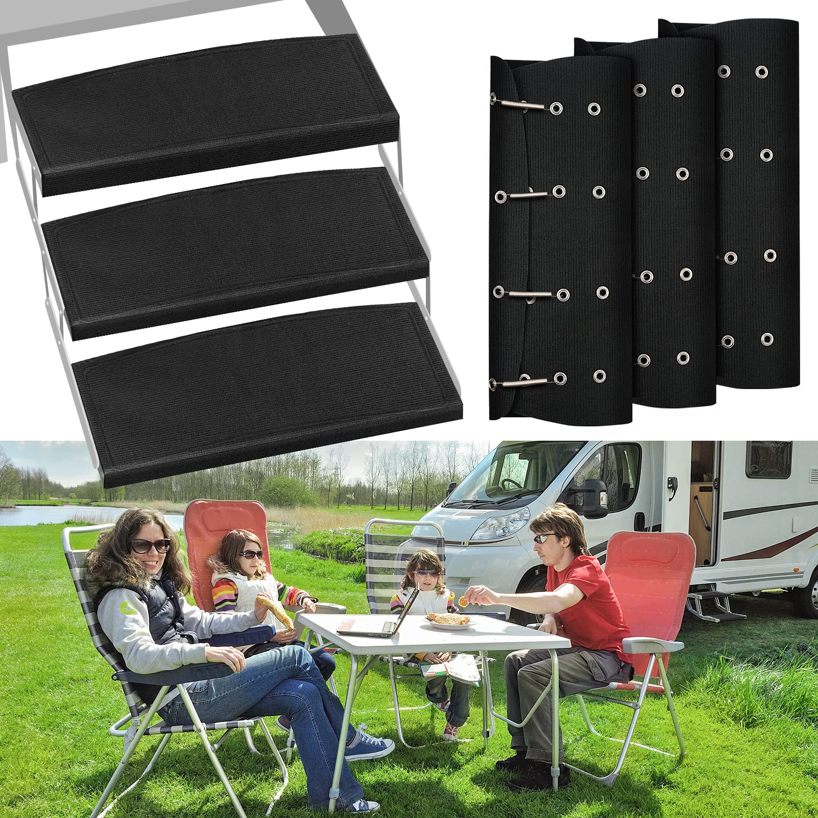 RistowRV Step Covers 3 Pack 23 Inch Wide RV Step Rug with Install Hooks Fit 8-11" Deep Camper Step Cover RV Stair Covers Ideal for Wide Radius Steps - Black