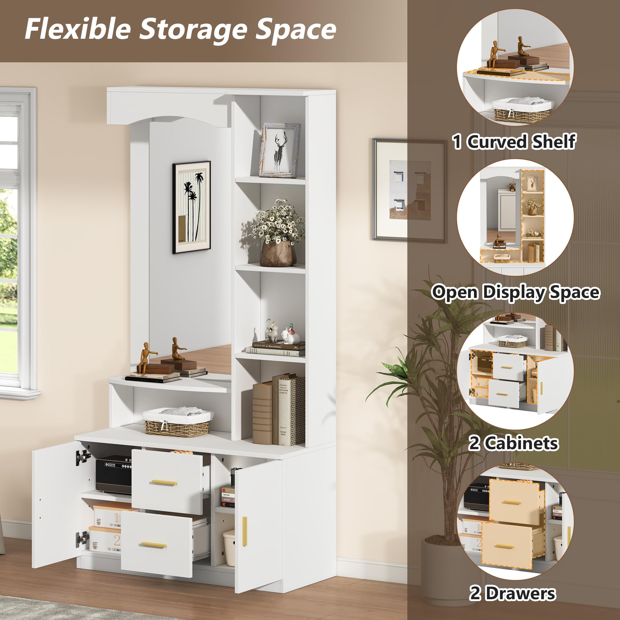 Juego de Perchero 90x40x180 cm Conjunto de Perchero Entrada Recibidor con Espejo y Estante, Perchero de Pasillo con 2 Cajones y Almacenamiento, Mueble de Entrada Multifuncional, Blanco