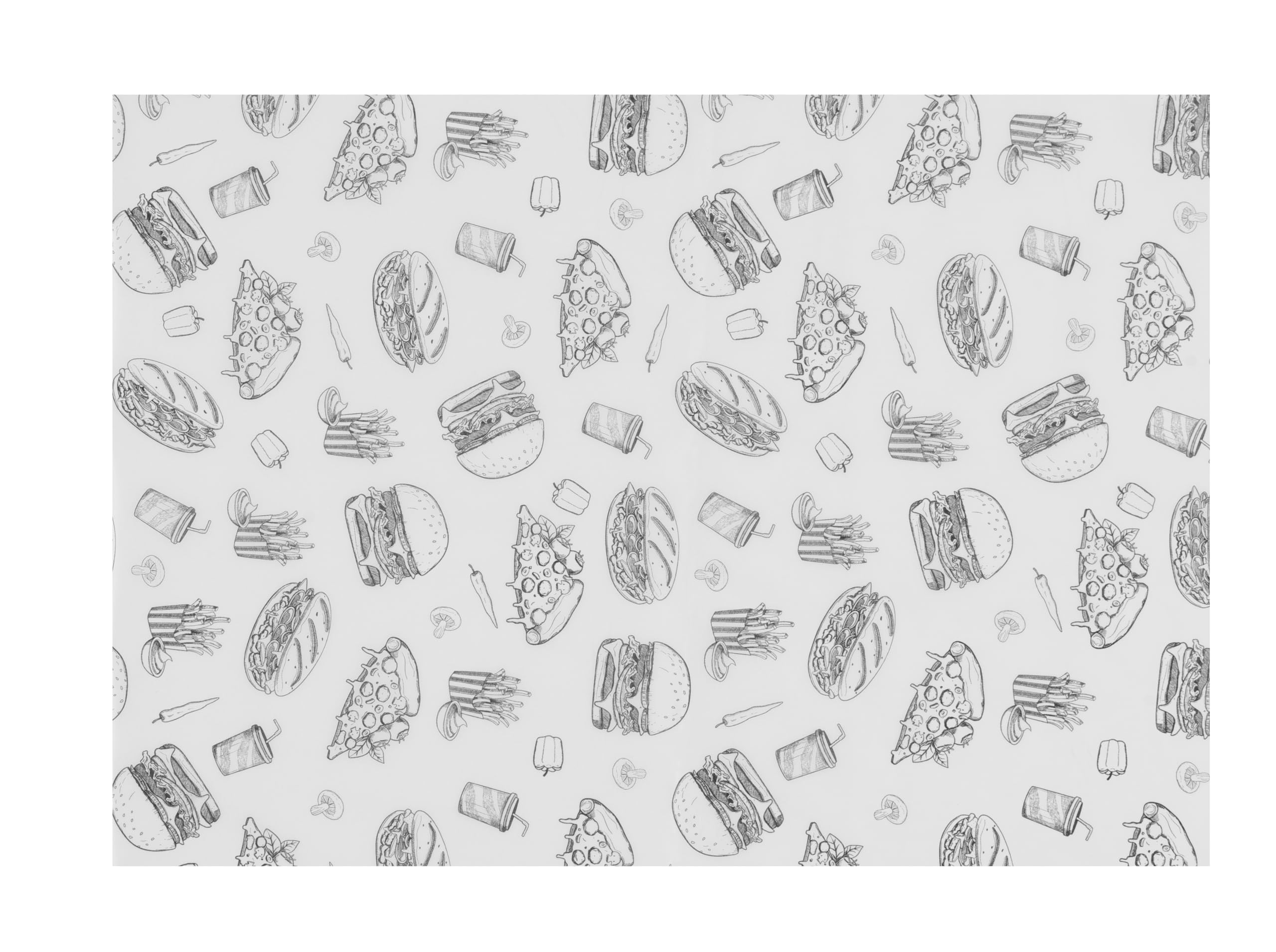 HENDI Carta alimentare antigrasso, confezione da 500 fogli, resistente ai grassi, carta cerata in bianco e nero con illustrazioni di hamburger per avvolgere o servire alimenti, 250x350mm