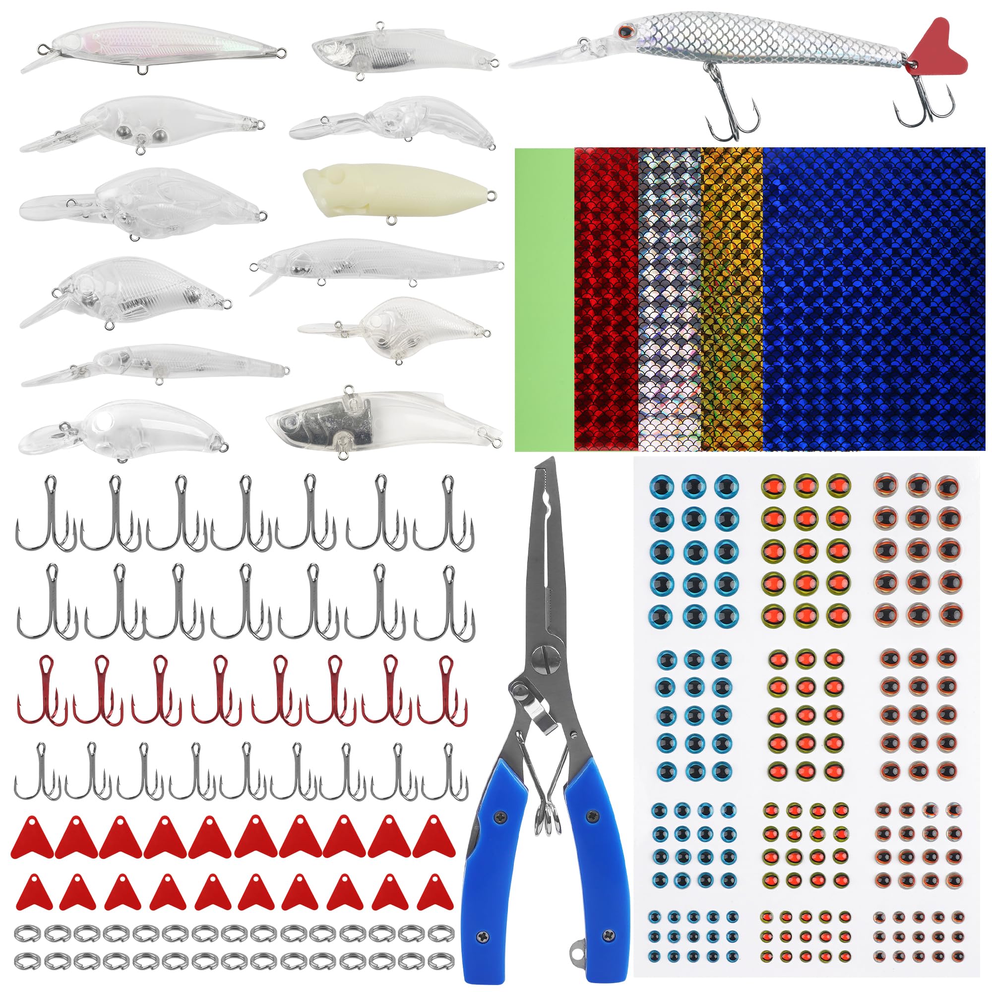 Kit de fabrication de leurres de pêche non peints - Leurres vierges - Avec hameçons triples - Anneaux fendus - Autocollants pour faire vos propres leurres de pêche