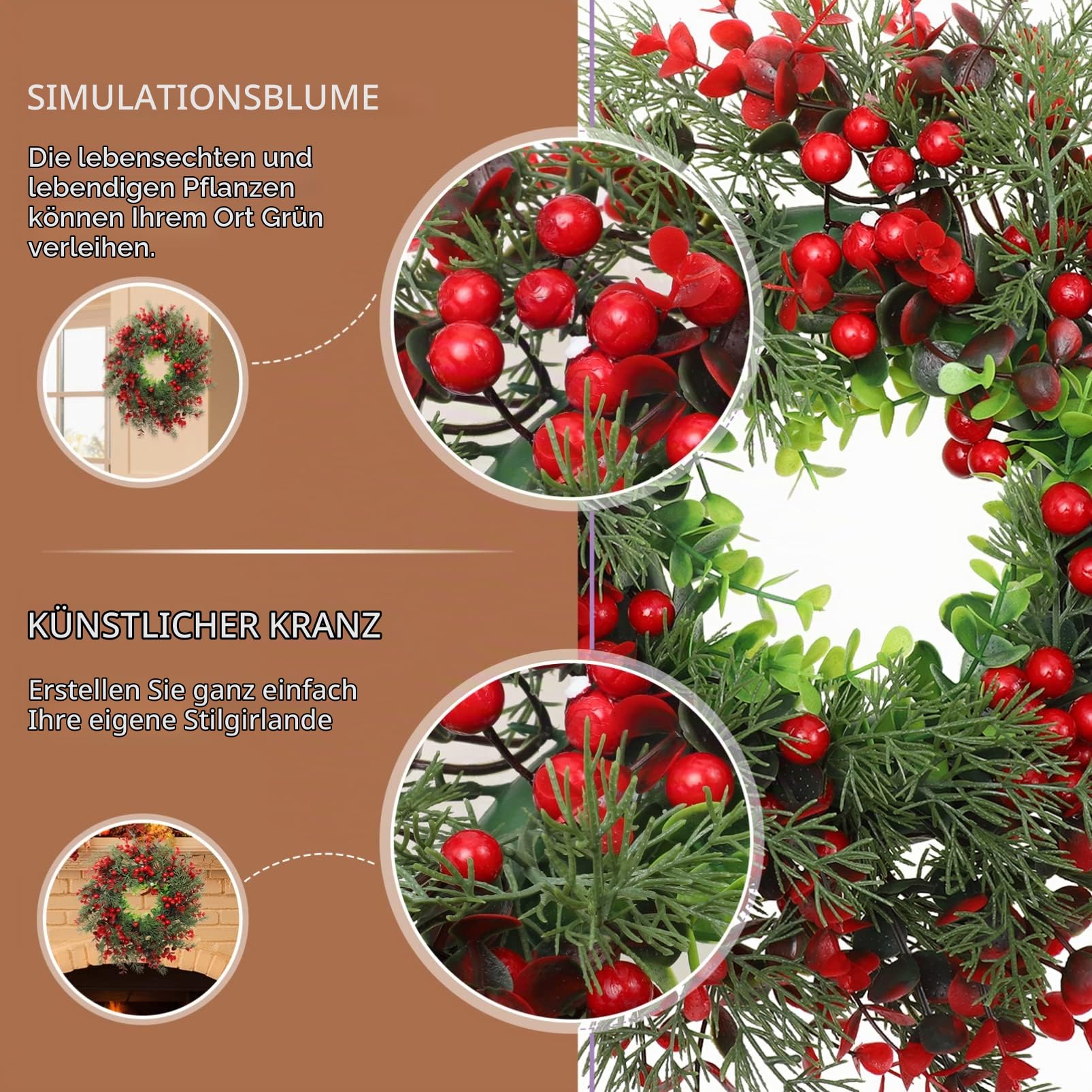 VALICLUD Weihnachtskranz Tannenkranz Türkranz Beerenkranz: Weihnachten Kranz Beeren Girlande Winterkranz Dekokranz Adventskranz Christbaumschmuck Türschild Deko Türdeko Weihnachtsdekoration