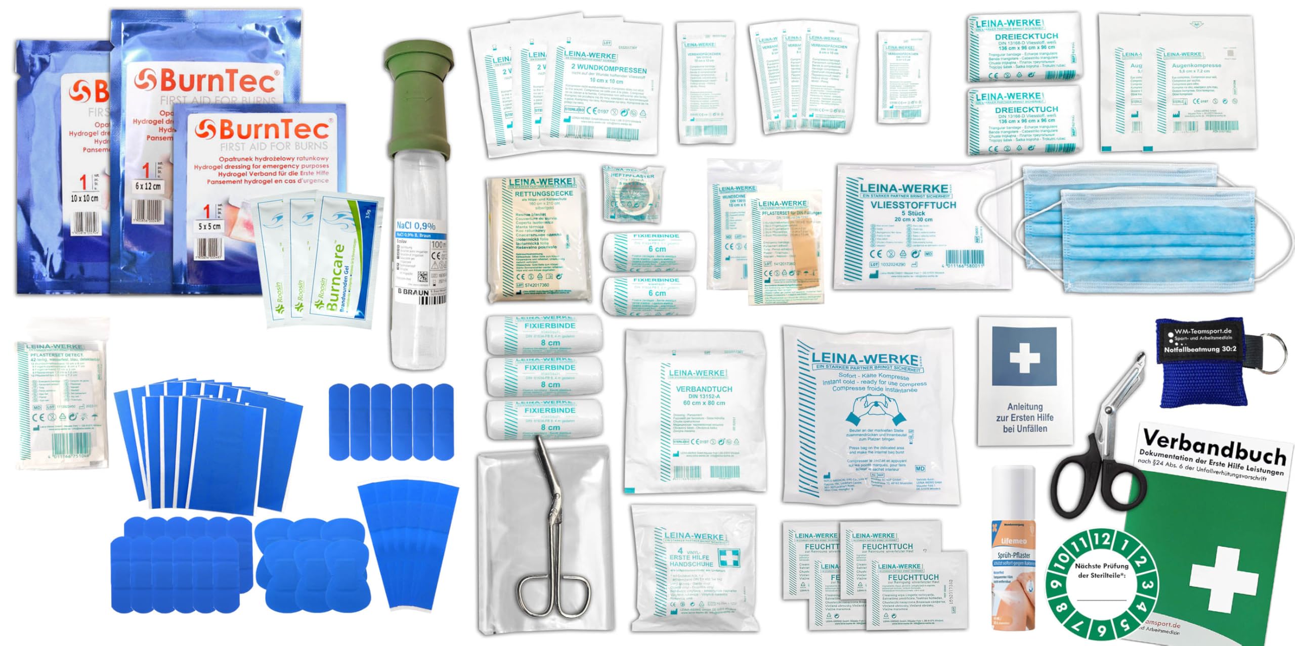 Erste Hilfe SET GASTRO für Betriebe nach aktueller DIN/EN 13157 PLUS 3 INKL. Augenspülung + Kühlgel + detektierbare Pflaster + Hydrogelverbände + SPRÜHPFLASTER