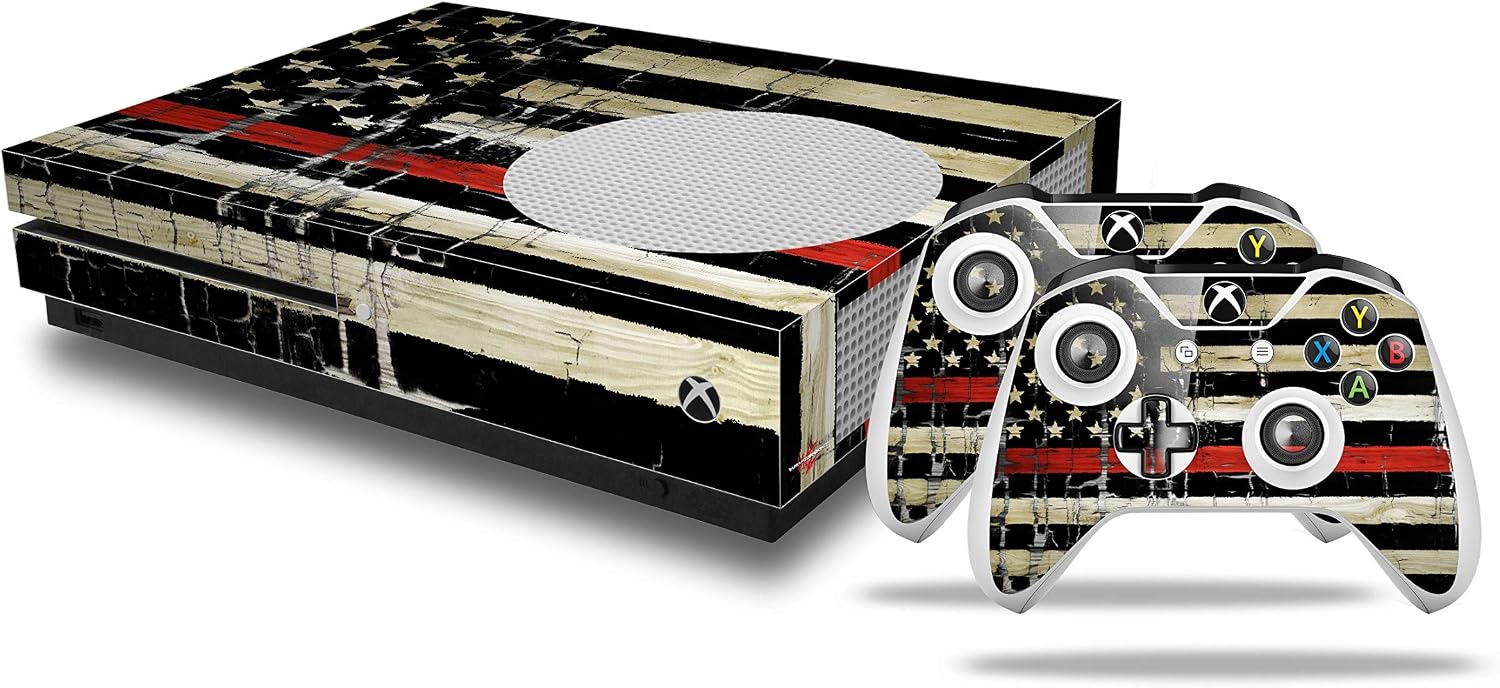 Decal Vinyl Skin Wrap Compatible with Xbox One S Console and Controllers - Painted Faded and Cracked Red Line USA American Flag