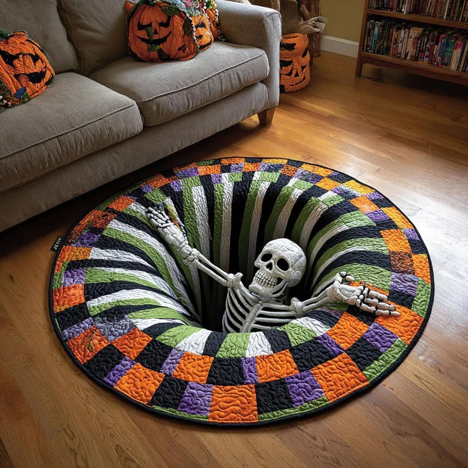 Halloween 3D Rug, Optical Illusion Skeleton Abyss Round Area Rug