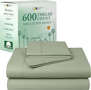 California Design Den Hotel Quality Full Size Sheets Set - Luxury 600 Thread Count Sateen, Natural 100% Cotton Bed Sheets, Fully Elasticized Deep Pockets, Crisp, Cool and Durable - Laurel Green