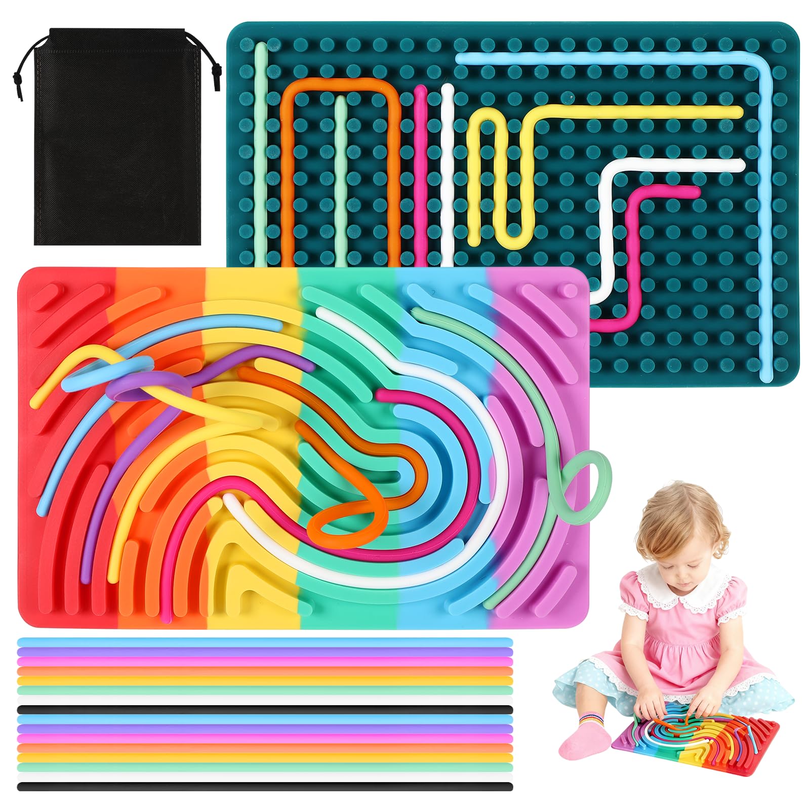 Lot De 2 Planches Sensorielles Montessori En Silicone – Double Face, 24 Cordes, Sac De Voyage, Anti-stress TDAH Autisme
