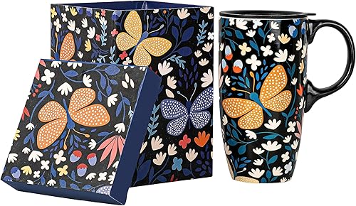 Miniatura 1 de Topadorn Taza de café de cerámica para regalo con tapa de 17 onzas, taza de té alta de porcelana con asa para el hogar y la oficina, taza con diseño