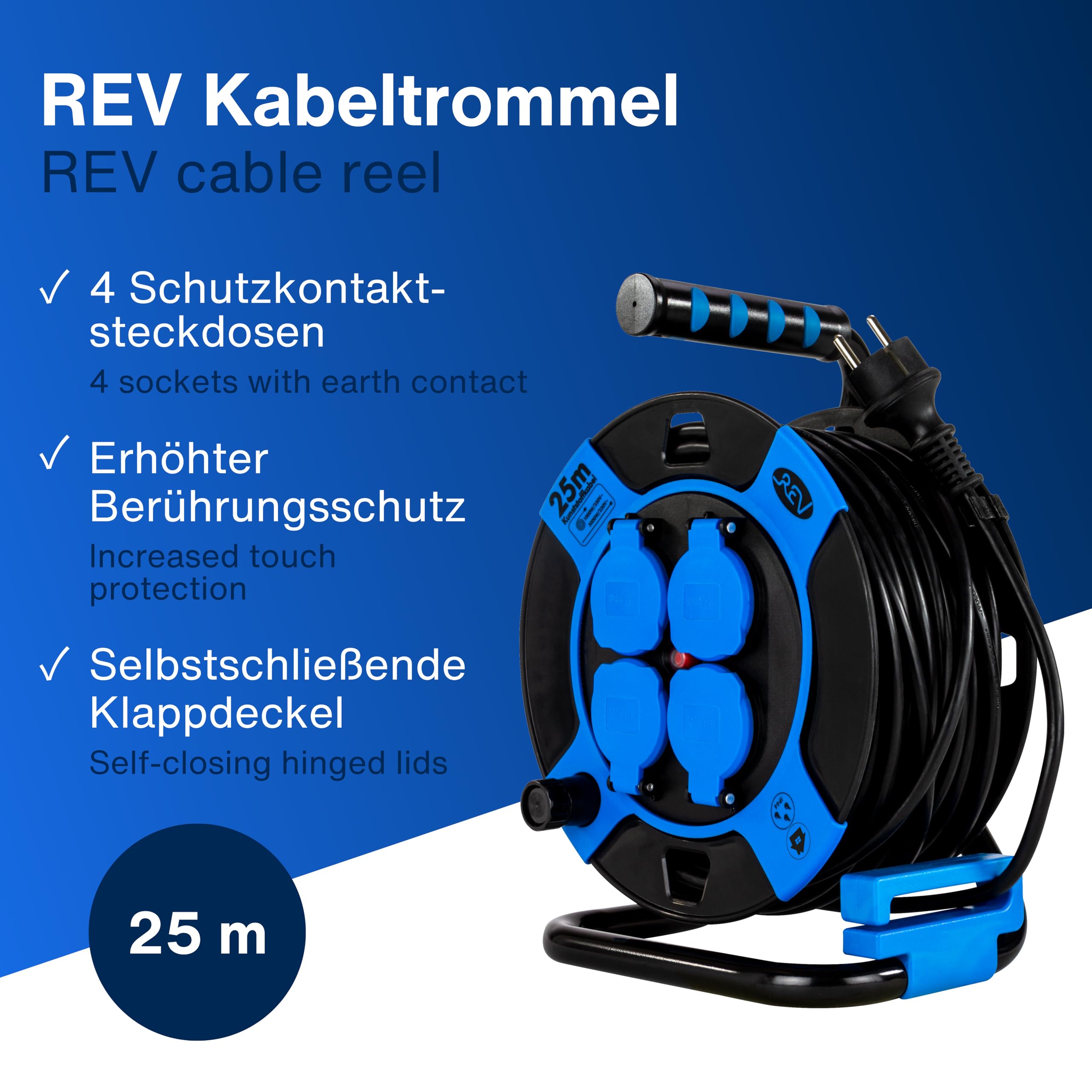 REV 0010105812 base múltiple 25 m 4 salidas AC Exterior Negro, Azul - Bases múltiples (25 m, 4 salidas AC, Exterior, IP44, 1,5 mm², Negro, Azul)