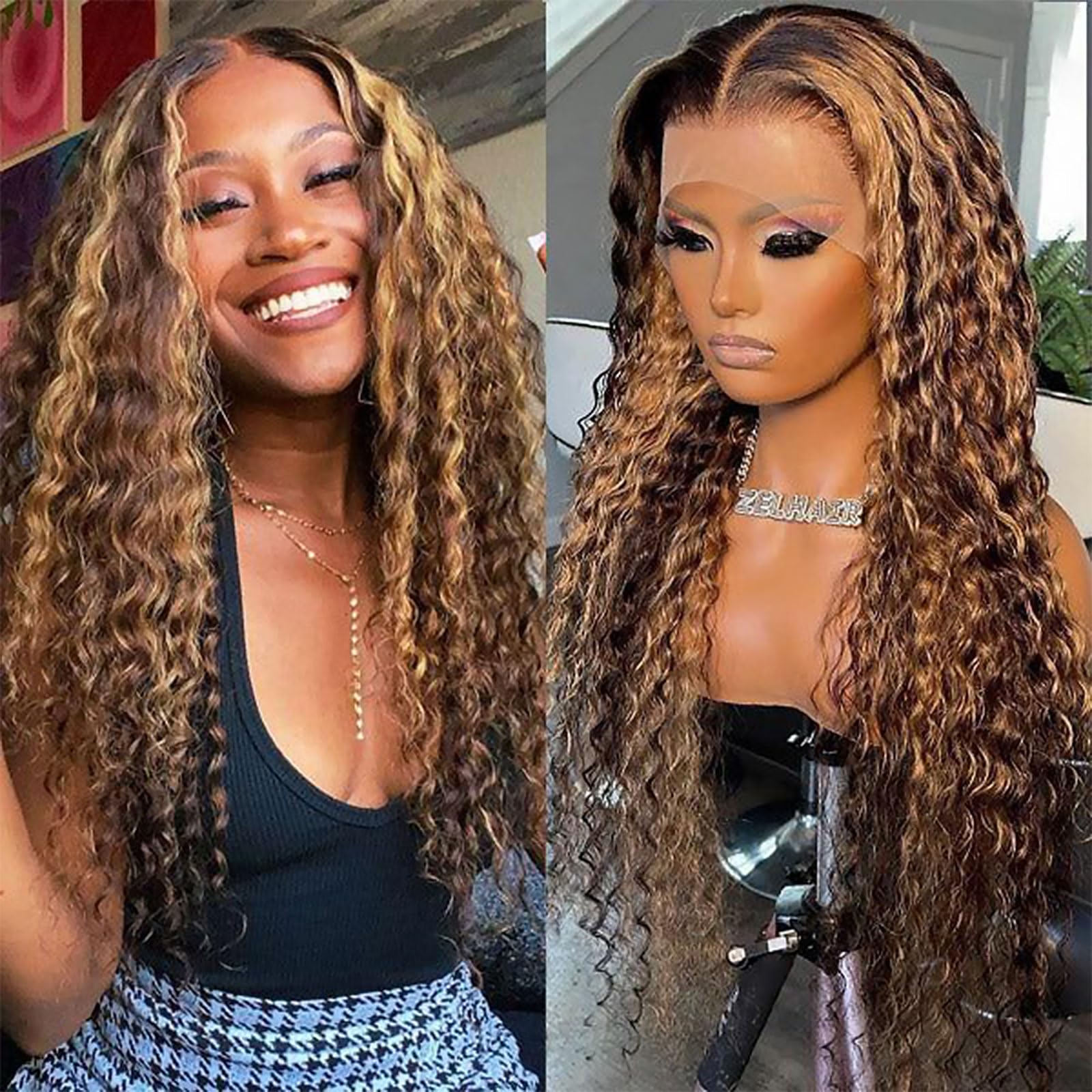 DOSYVI Honey Blonde 180% Density 4/27 Deep Wave Lace Front Wig Human Hair Pre Plucked with Baby Hair, Wet and Wavy Curly Glueless Wig, 22 Inch