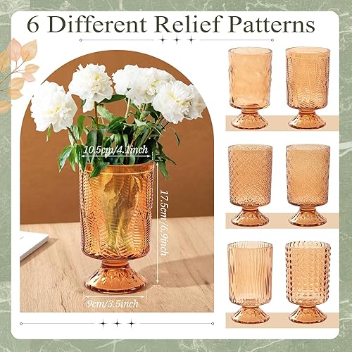 Miniatura 2 de 6 piezas (Altura 7 pulgadas de ancho 4 pulgadas), jarrón de cristal con pedestal de otoño, base grande, jarrones vintage de cristal grueso para