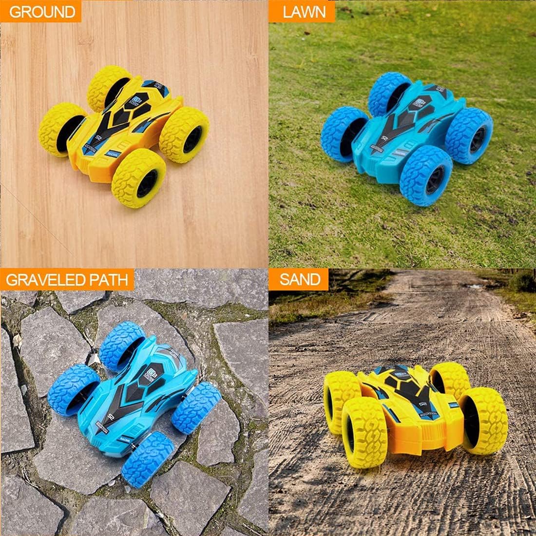 DqsWko Double-Sided Pull Back carsr. Friction Cars for Kids ，Vibration inertial car. Toy Pull Back car. Big tire Four-Wheel Drive Toy car for Boys and Girls（4pcs）