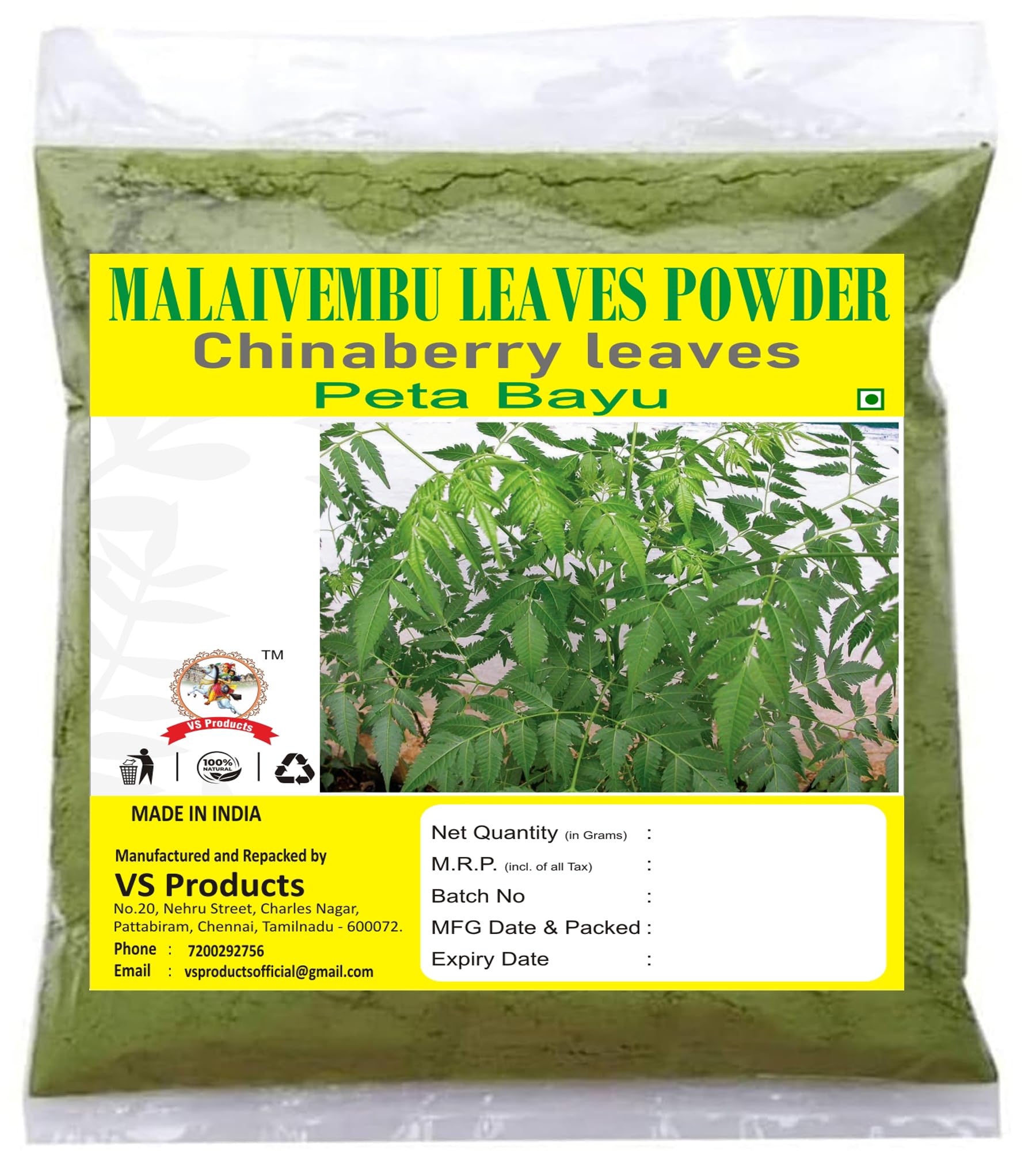VS Products Malaivembu Leaves Powder Bakayan powder chinaberry Melia azedarach powder,1000g