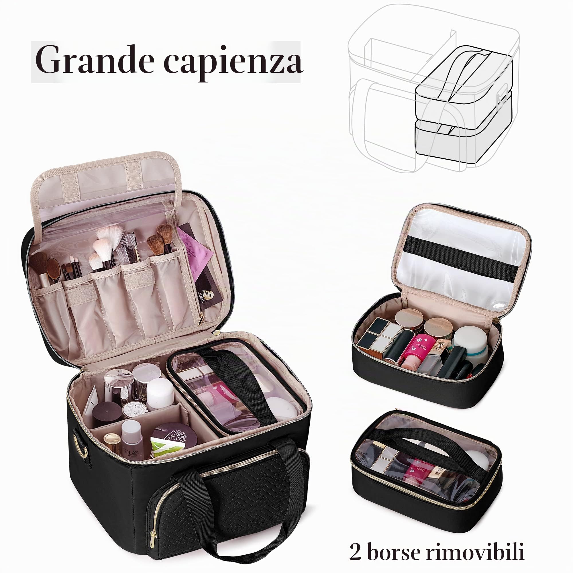 Borsa per Trucchi con 2 Astucci Cosmetici Separati, Nero | Divisori Rimovibili, Cinghie Regolabili, Solo Borsa Vuota