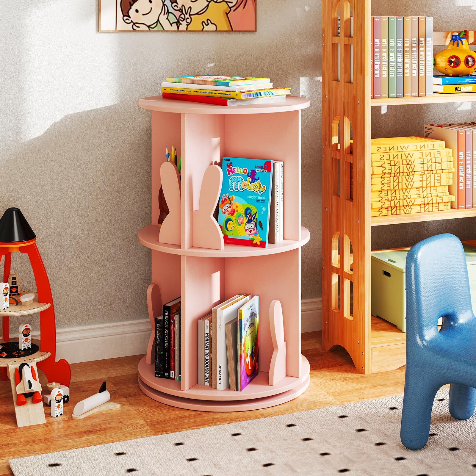 GOPLUS Bibliothèque Enfant, 65CM Bibliothèque à 2 Niveaux avec Serre-Livres Lapin/Ourson, 8 Compartiments, Étagère à Livres Pivotante à 360°, pour Chambre d'enfant, Salle de Jeux (Rose)