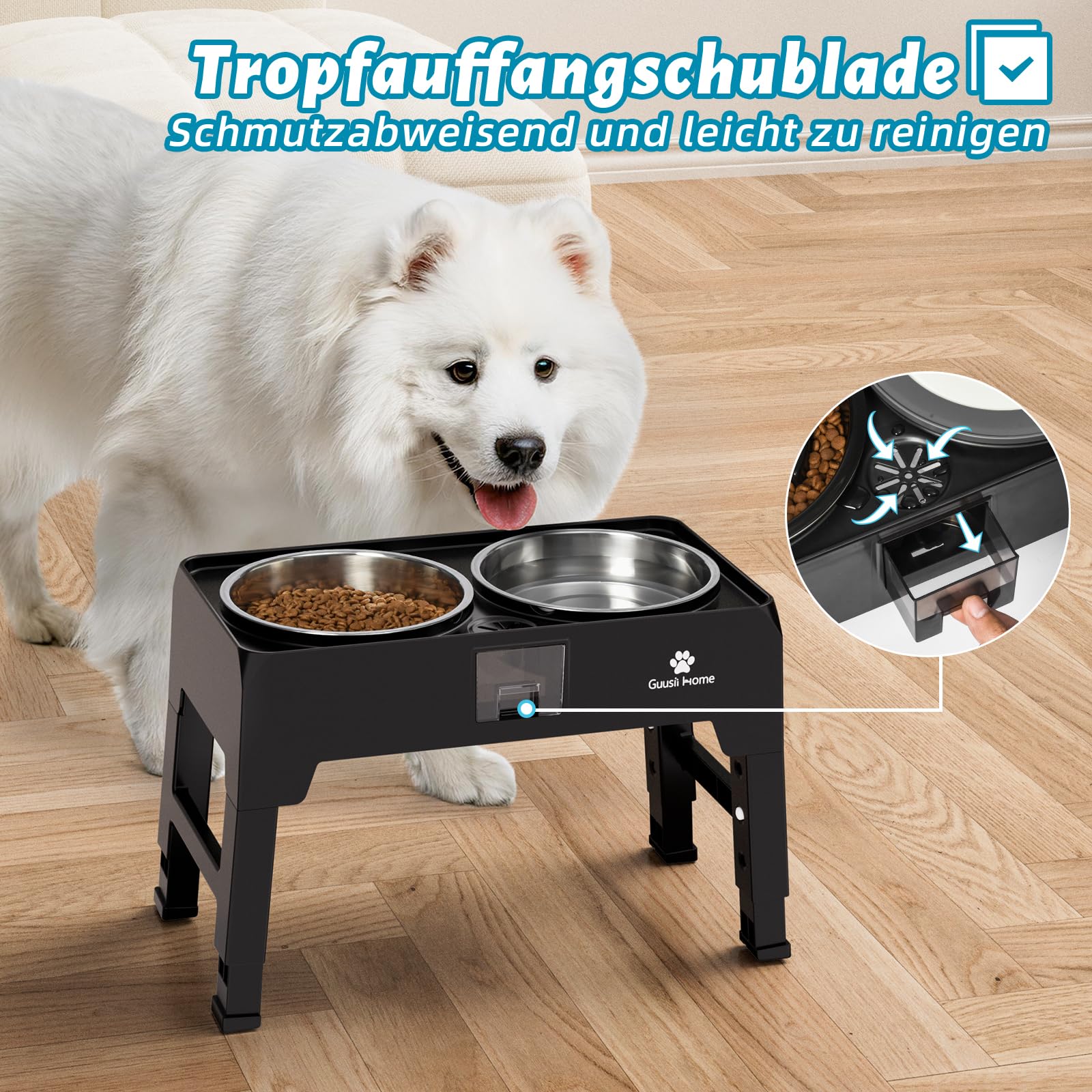 GUUSII HOME Hundenapf Erhöht Erhöhter Fressnapf Napf Grosse Hunde Futterstation Hund Napfständer Groß Hundebar Futterbar Napfset Hoch mit Ständer Doppelnapf 43.5 * 24.4 * 12/25.7/29.7/33.7cm 2000ml