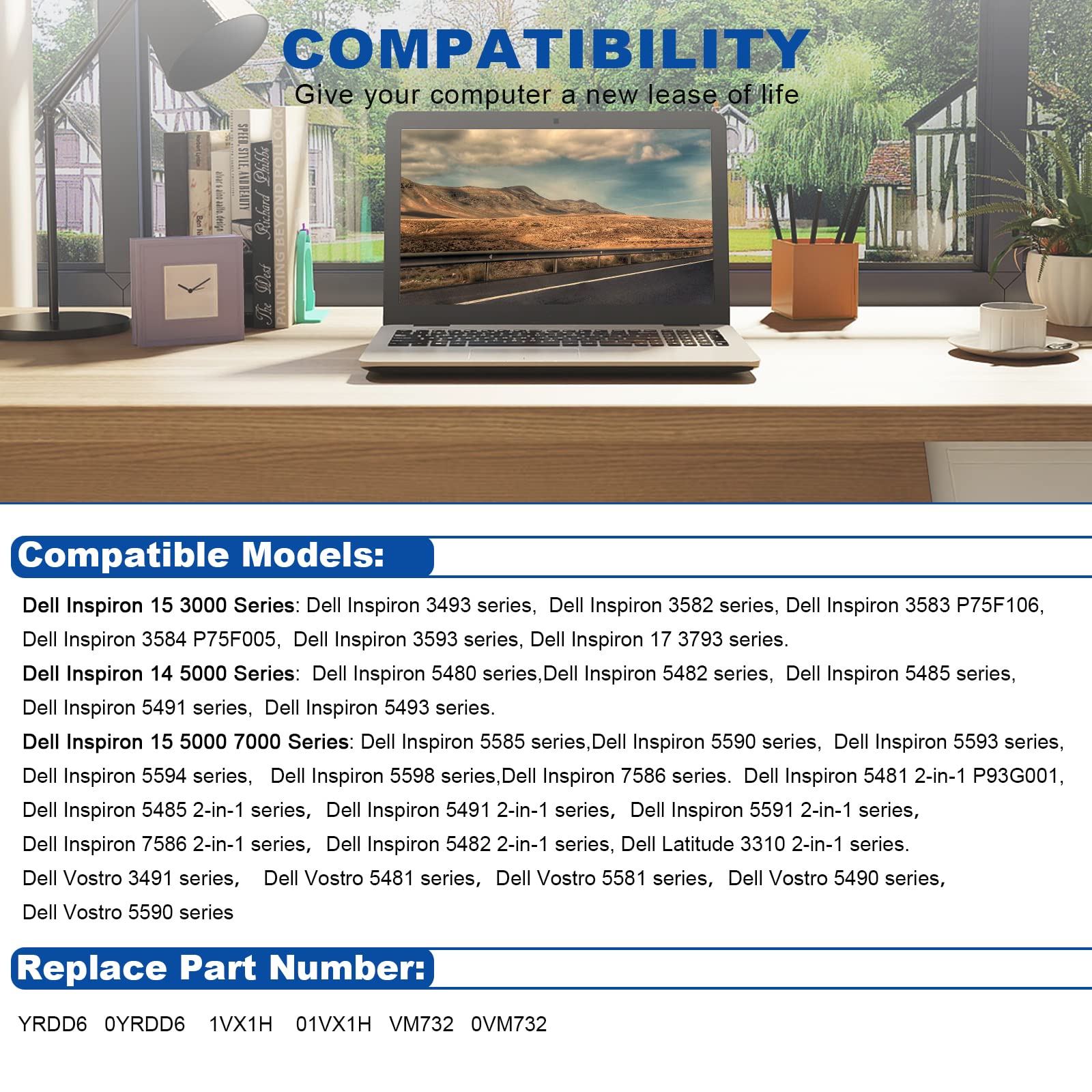 TREE.NB YRDD6 1VX1H Battery for Dell Inspiron 5481 5482 5485 5491 5591 7586 3310 2-in-1 3493 3582 3583 3584 3593 3793 5480 5482 5485 5491 5493 5585 5590 5593 5594 5598 VM732 P75F 01VX1H 11.4V/42Wh