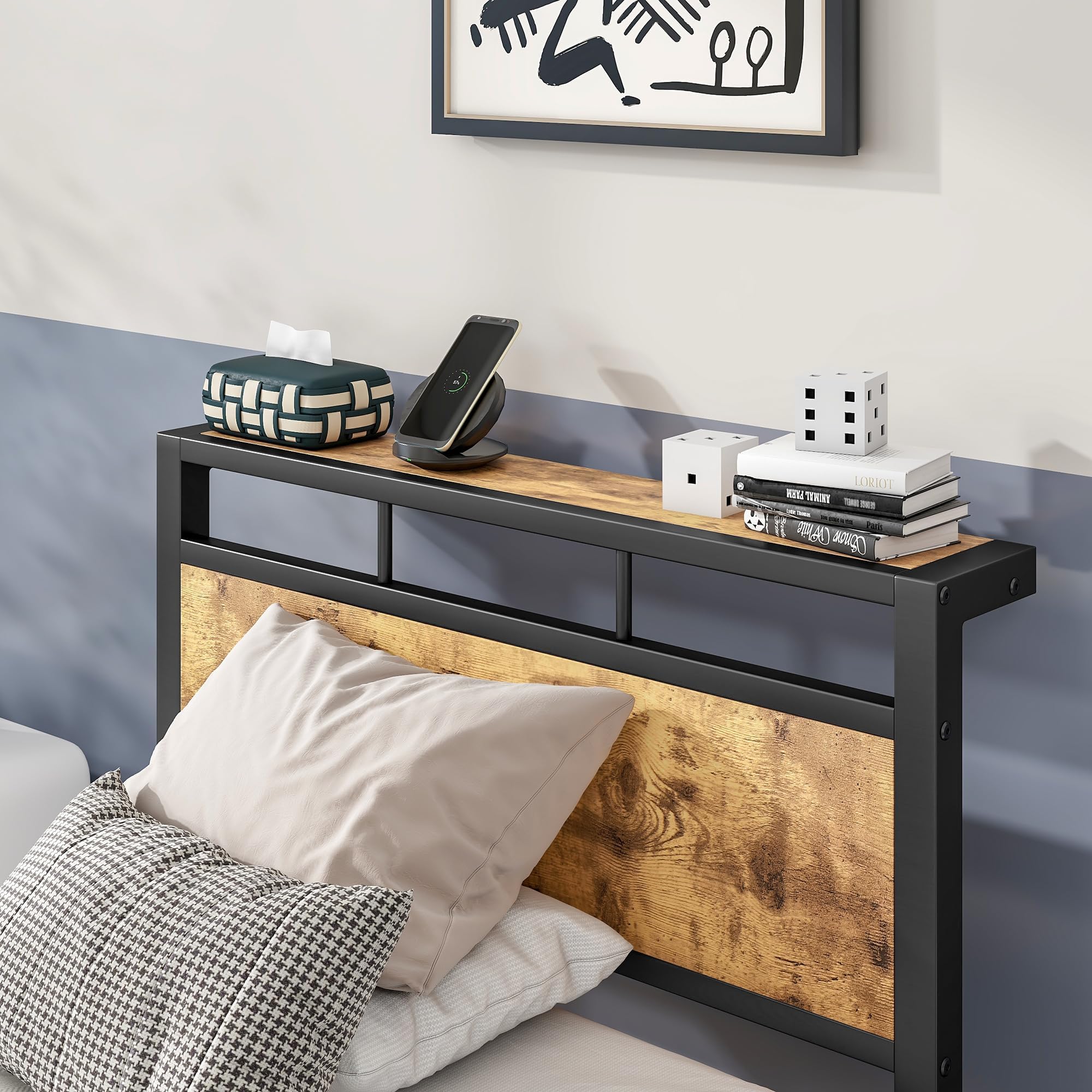 Cadre de lit Simple Noir avec étagère en Bois