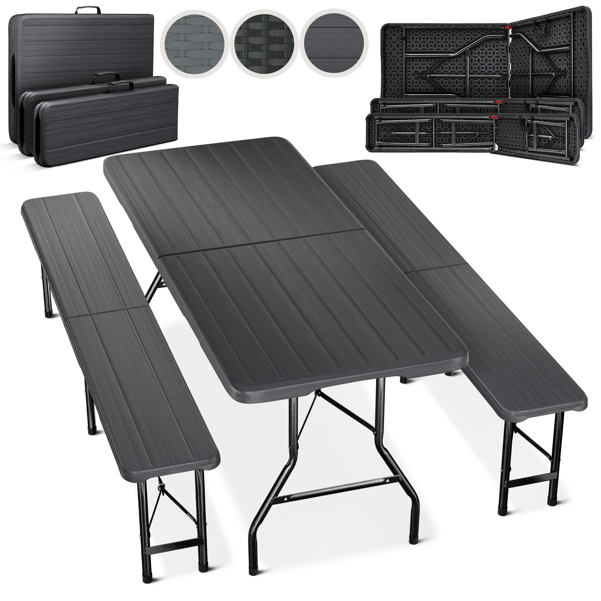 Blumtal Banco Plegable Portatil Set -1xMesa plegable con sillas dentro2x- Conjunto terraza para 8 Personas-Robusto juego Mesa jardin exterior con Sillas - Mesa plegable terraza-Estilo madera Antracita