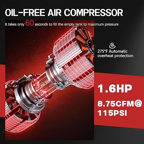 Miniatura 3 de Compresor de aire ultra silencioso sin aceite de 8 galones portátil, máximo 115PSI 1.5HP 4.52CFM 70dB Compresor de aire de bajo ruido para