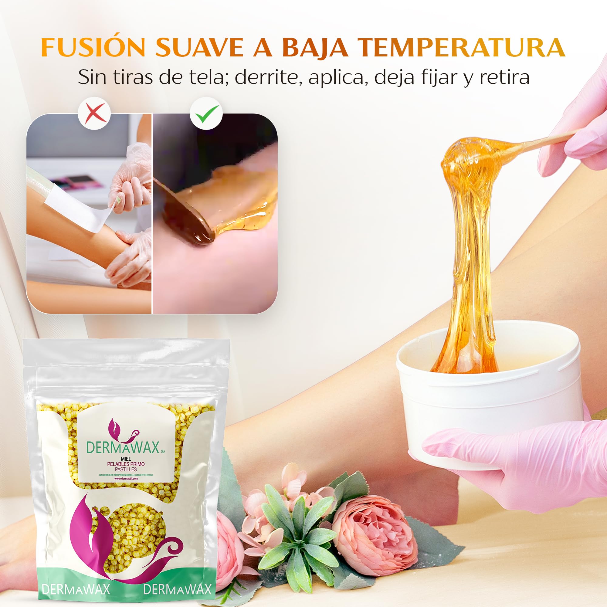 DERMAWAX Cera Depilatoria Profesional con Miel 1 kg – Para Mujeres y Hombres, Sin Bandas, Baja Temperatura, Depilación Facial, Corporal e Íntima – Made in Italy