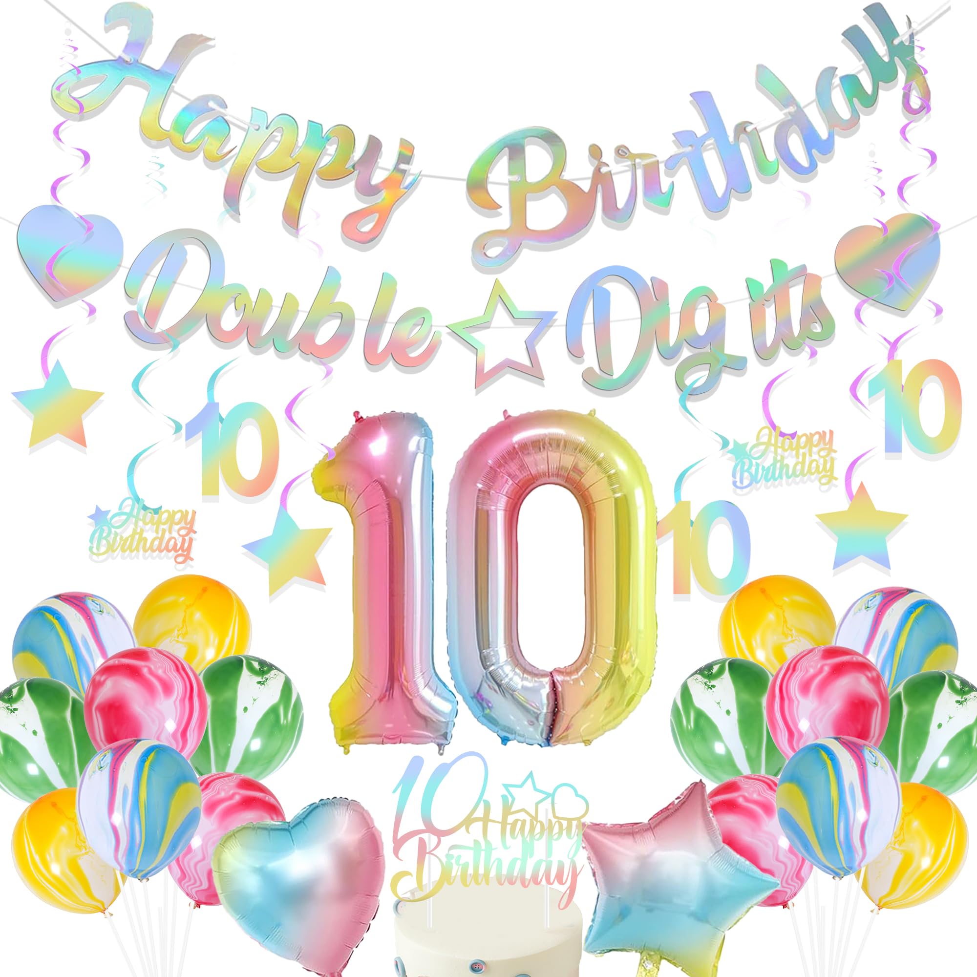 Double Digits 10th Birthday Decorations - 31 Pcs Girls Rainbow 10th Decoration Including Happy Birthday Banner Number 10 Balloon Latex Balloons for 10 Years Old Party Supplies