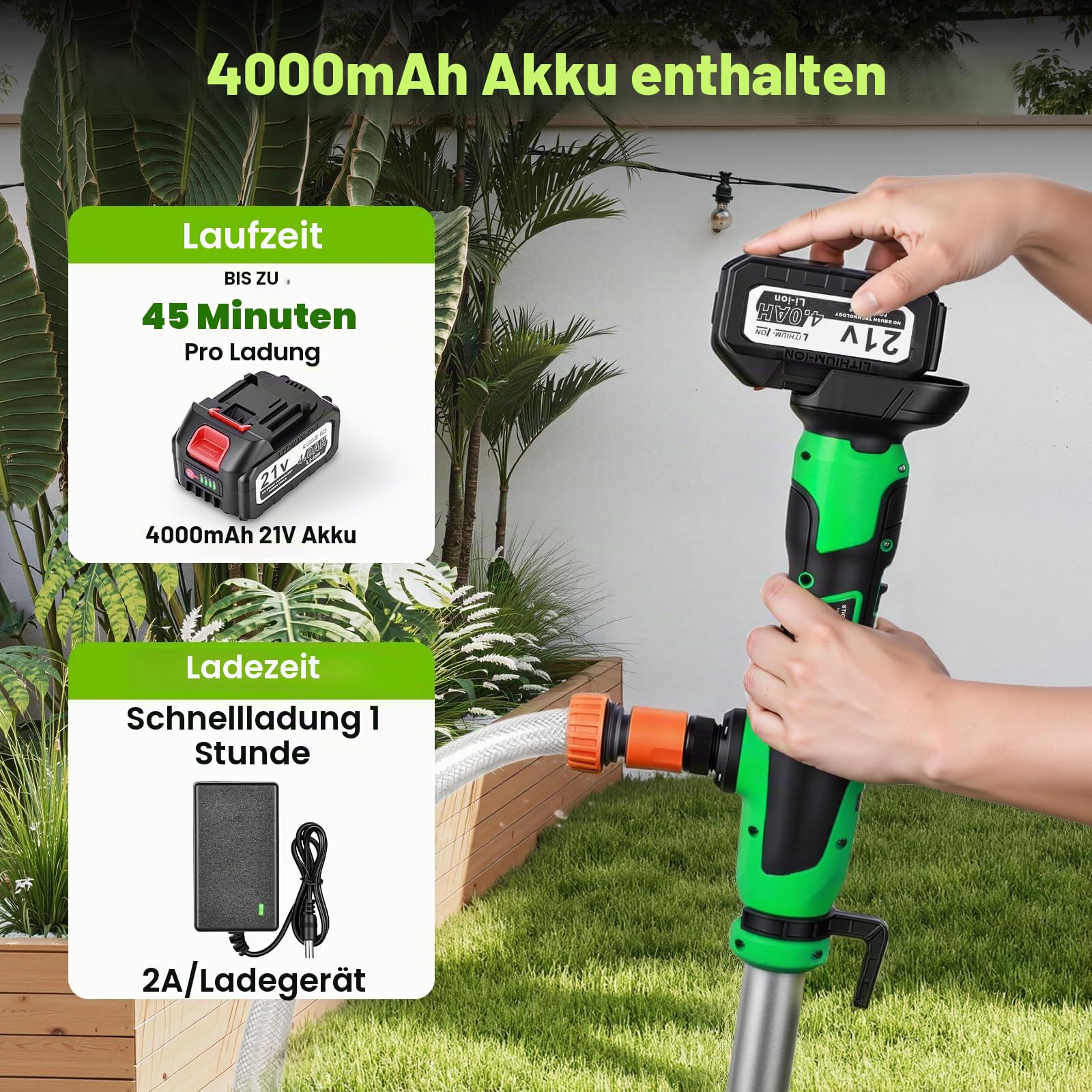 Akku Wasserpumpe, 18V Kabellose Stab-Transferpumpe für Wasser/Diesel, 2725 L/h Transferpumpe mit 4,0 Ah Akku, Stab-Wasserpumpe für Garten, Pool, Keller & Wohnmobil, Einfache Ein-Knopf-Bedienung