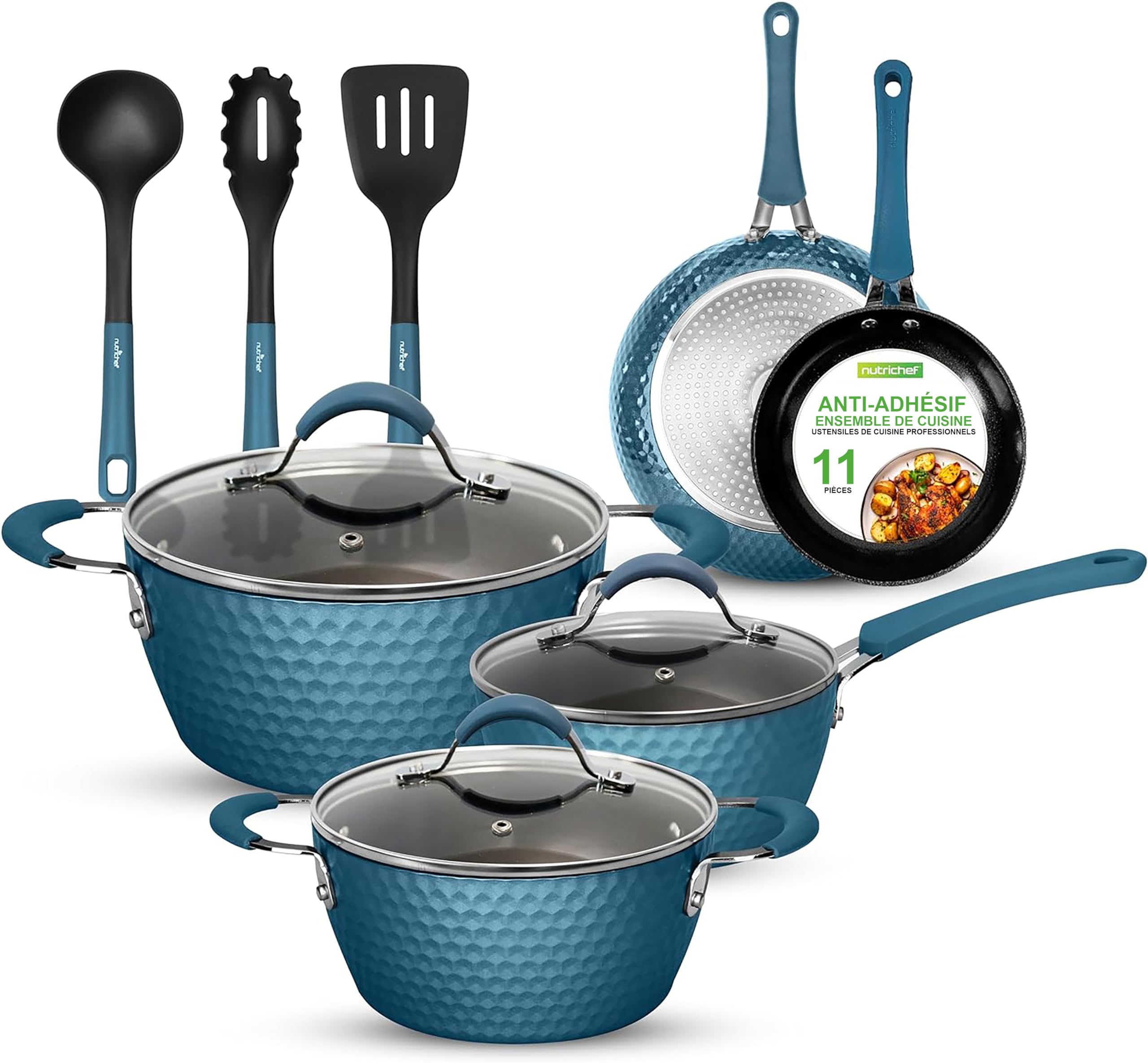 NutriChef Lot Poêle et Casserole Induction, Batterie de Cuisine Antiadhésifs avec Revêtement en Céramique, Poignées Ergonomiques, Casserole, Cocotte, Grandes et Petites Poêles à Frire,11 Pièces