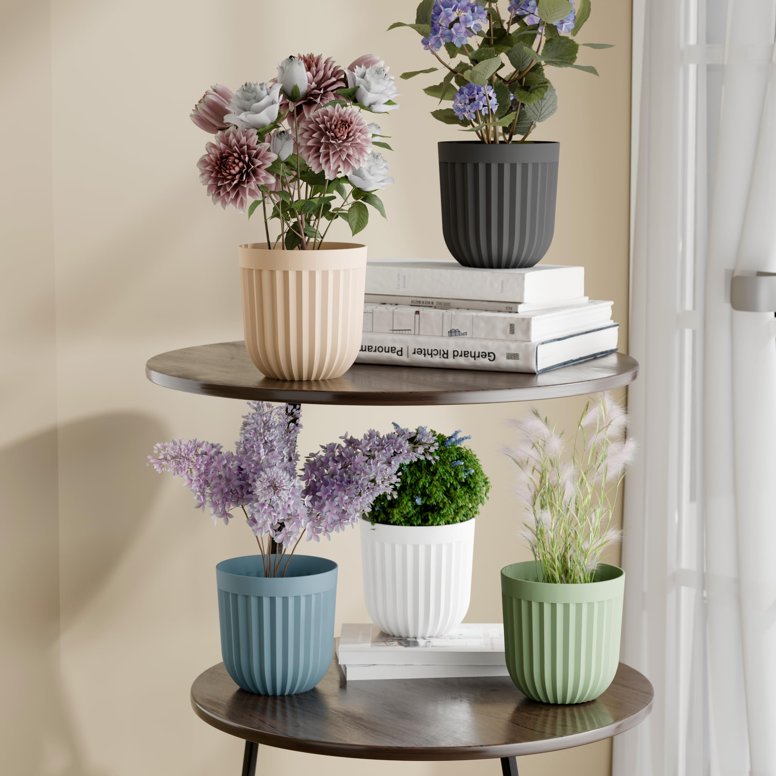 GRIPZO® 4 Inch Flower Pot for Indoor Plants, Plastic Plant Pot, Decorative Flower Pot, Round Ribbed Planter, Small Plant Pot, Succulent Pot, Desk Planter, Home Office Decor Pot (Multicolour)-image-24