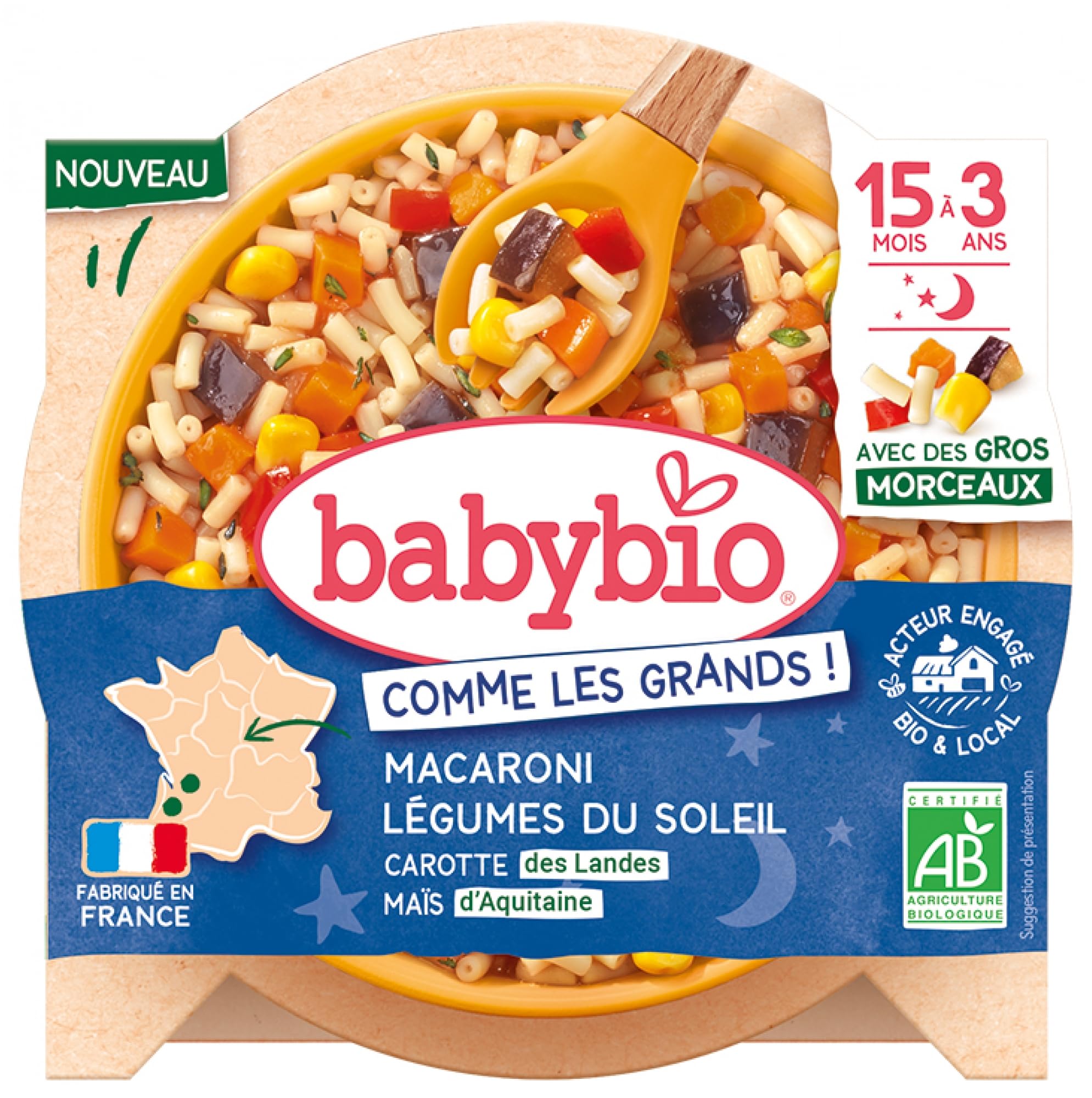 Baby bio Macaroni & Légumes du soleil Carotte des Landes Maïs d'Aquitaine - Avec des gros morceaux