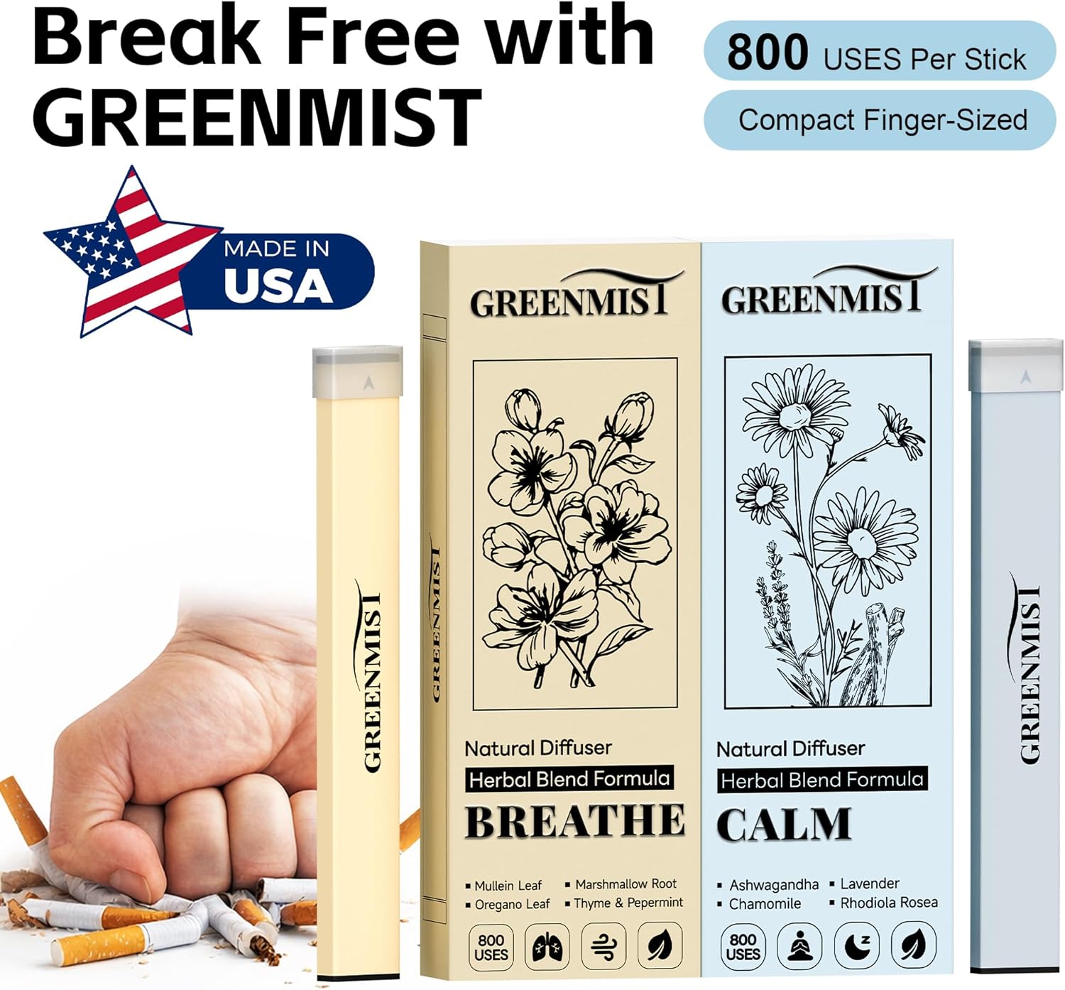 Natural Herbal Diffuser Pen Combo Pack (2 Pack), Mullein & Peppermint + Ashwagandha & Lavender, Plant-Based Aromatherapy Diffusers, Calming & Refreshing Herbal Aroma, Up to 800 Uses Each