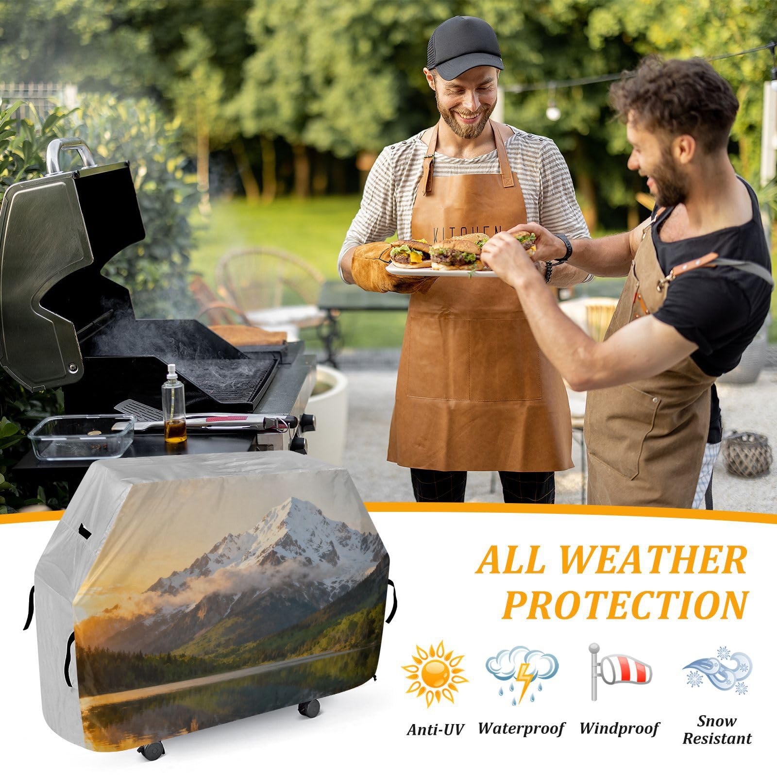 Snow Mountain Lake Sun Outdoor Patio Grill Pokrowiec 158 cm Wodoodporny wytrzymały odporny na rozdarcie odporny na blaknięcie materiał pokrowiec na grilla z regulowanym sznurkiem dla kurzu i wiatru
