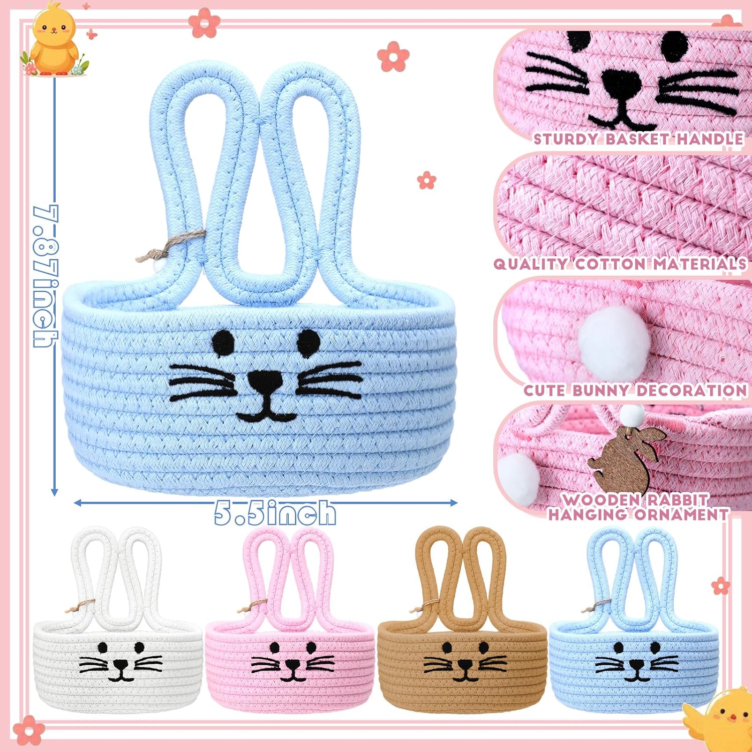 FoldTier 4 Pack Easter Basket Woven Bunny Baskets with Name Tag Gift Bunny Eggs Hunt Buckets Rustic Rabbit Cotton Rope Tote for Baby's First Easter Cute Candy Basket for Baby Toddler Boys Girls