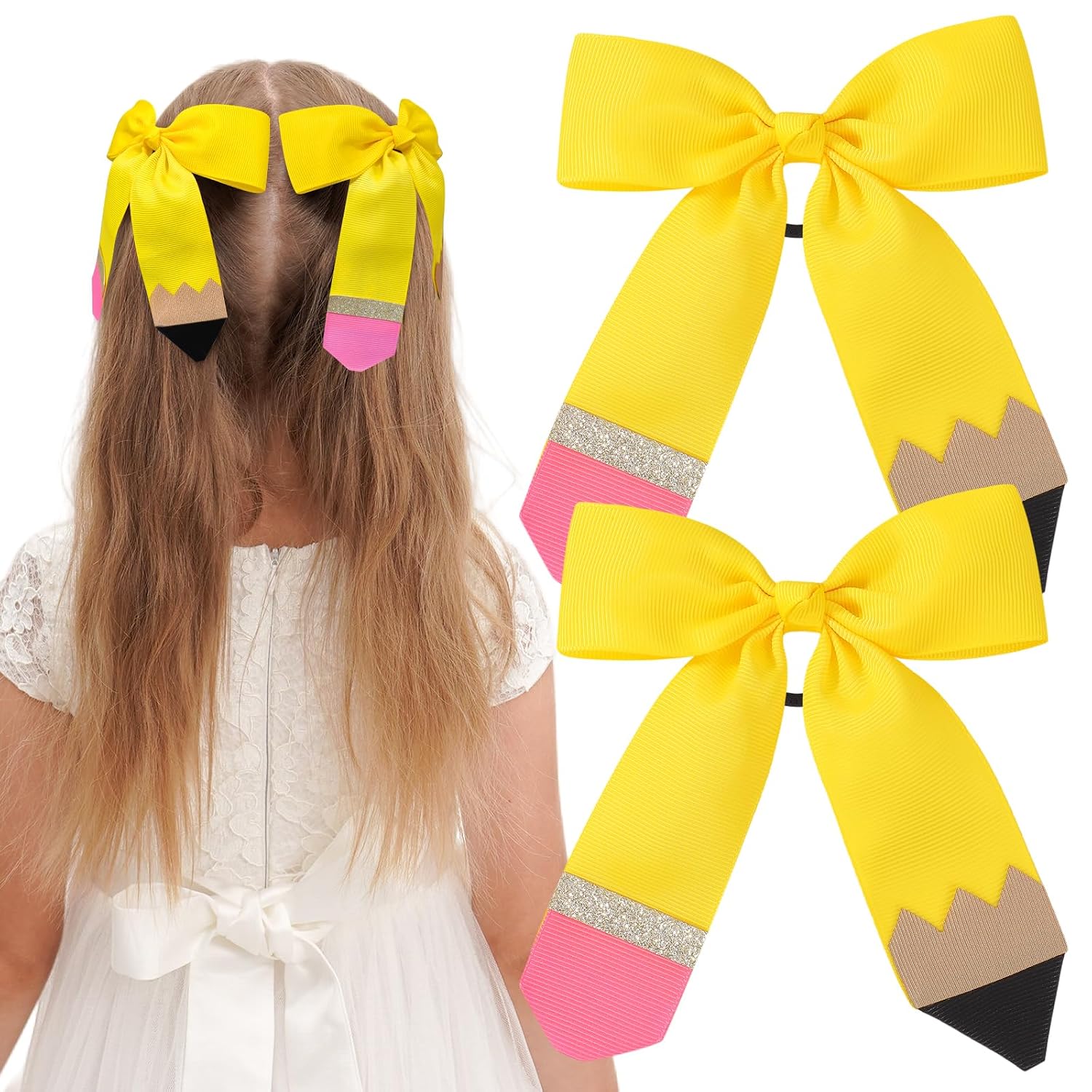 2PCS Back to School Hair Bows for Girls Pencil Cheer Hair Bow with Ponytail Holder Elastic Band Handmade for Kindergarten Girls Students Toddler Teacher Hair Accessories Outfits（Pencil Yellow）