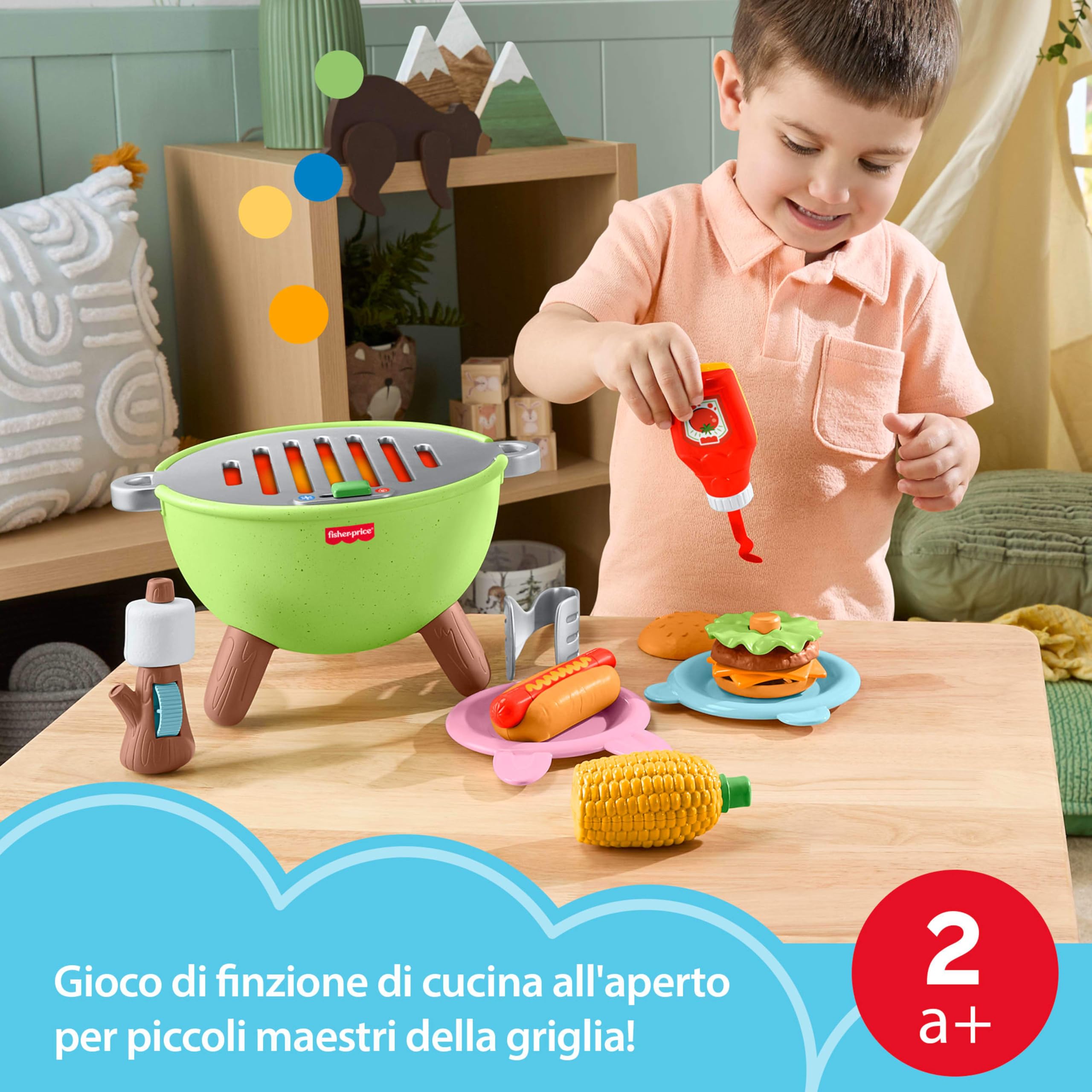 Fisher-Price - Barbecue Amici della Foresta, Set con 14 Accessori a Tema Campeggio e Cucina, Utensili e Cibo Giocattolo per sviluppare Le capacità di condivisione, 2+ Anni, JLB82