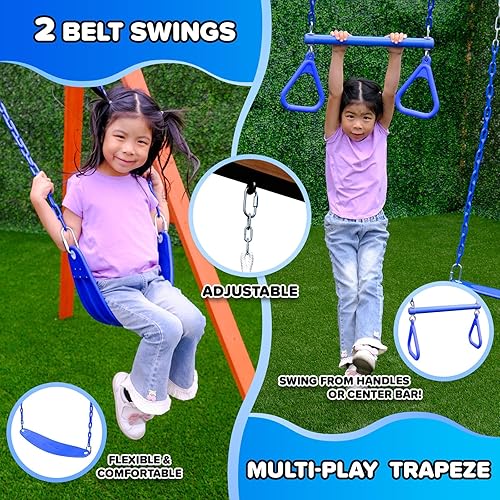 Miniatura 3 de Sportspower Kingston - Juego de columpios de madera 2 columpios ajustables en altura y barra de columpio de trapecio, juego al aire libre para patio