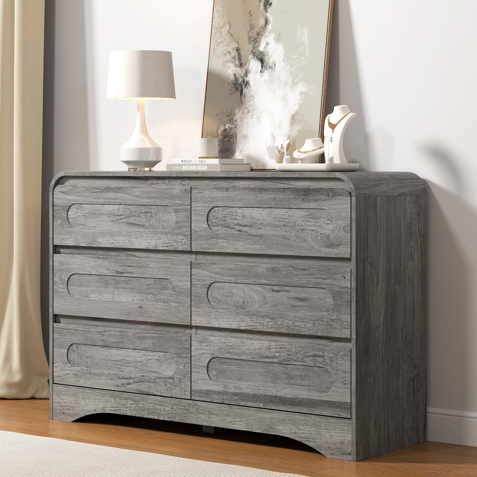 Amazon.com: Dresser for Bedroom with 6 Drawers, 47" Wide Modern Dressers &  Chest of Drawers with Curved Profile Design, Wood Closet Clothes Storage  Dressers Organizer for Bedroom Living Room Hallway, Grey :