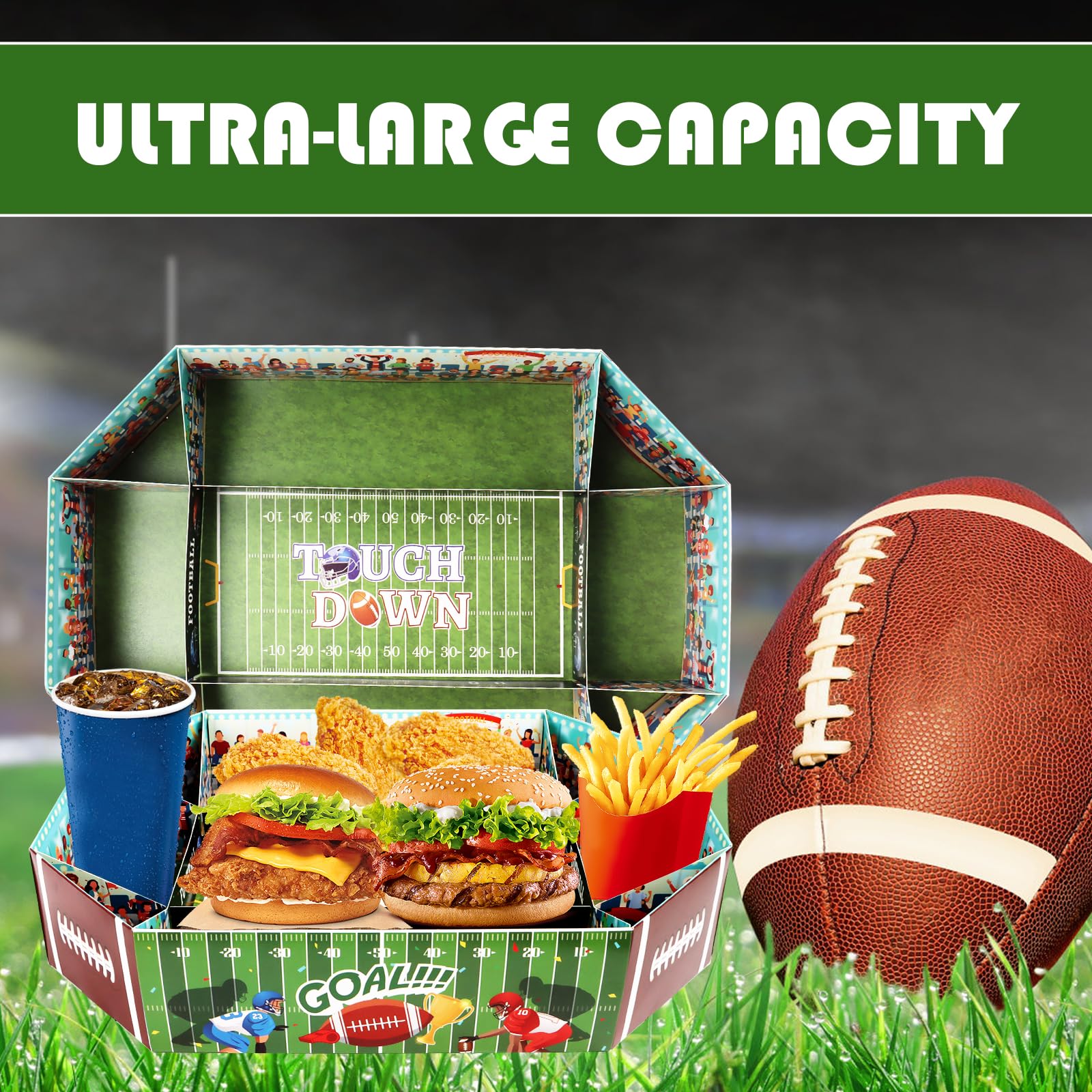 Lot de 3 grands stades de collation de football américain - Accessoires de fête de football américain - Plateau de service en papier - Super Snack Stade - Décoration pour les fans de football