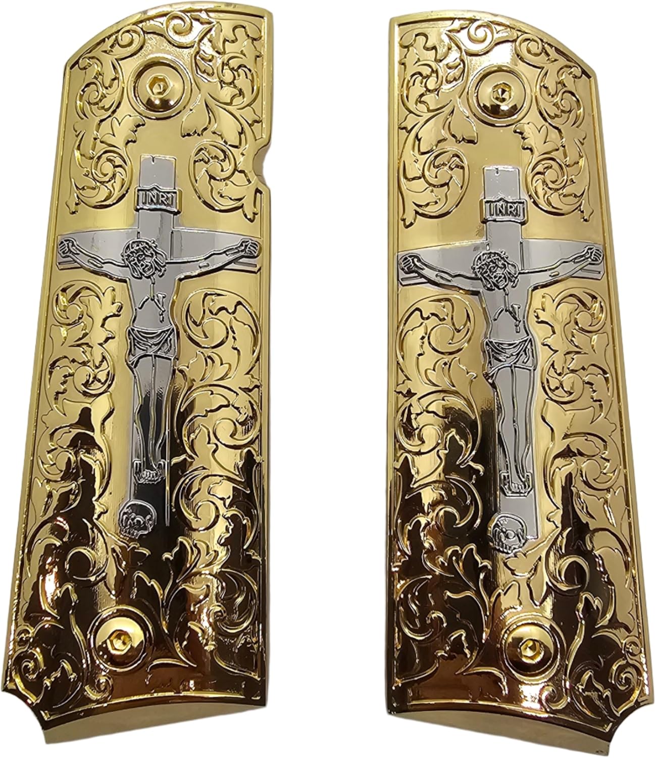 1911 Full-Size Gun Grips with Crucifix Design â.“ Ambi Cut, Matching Screws, Compatible with Commander and Government Models
