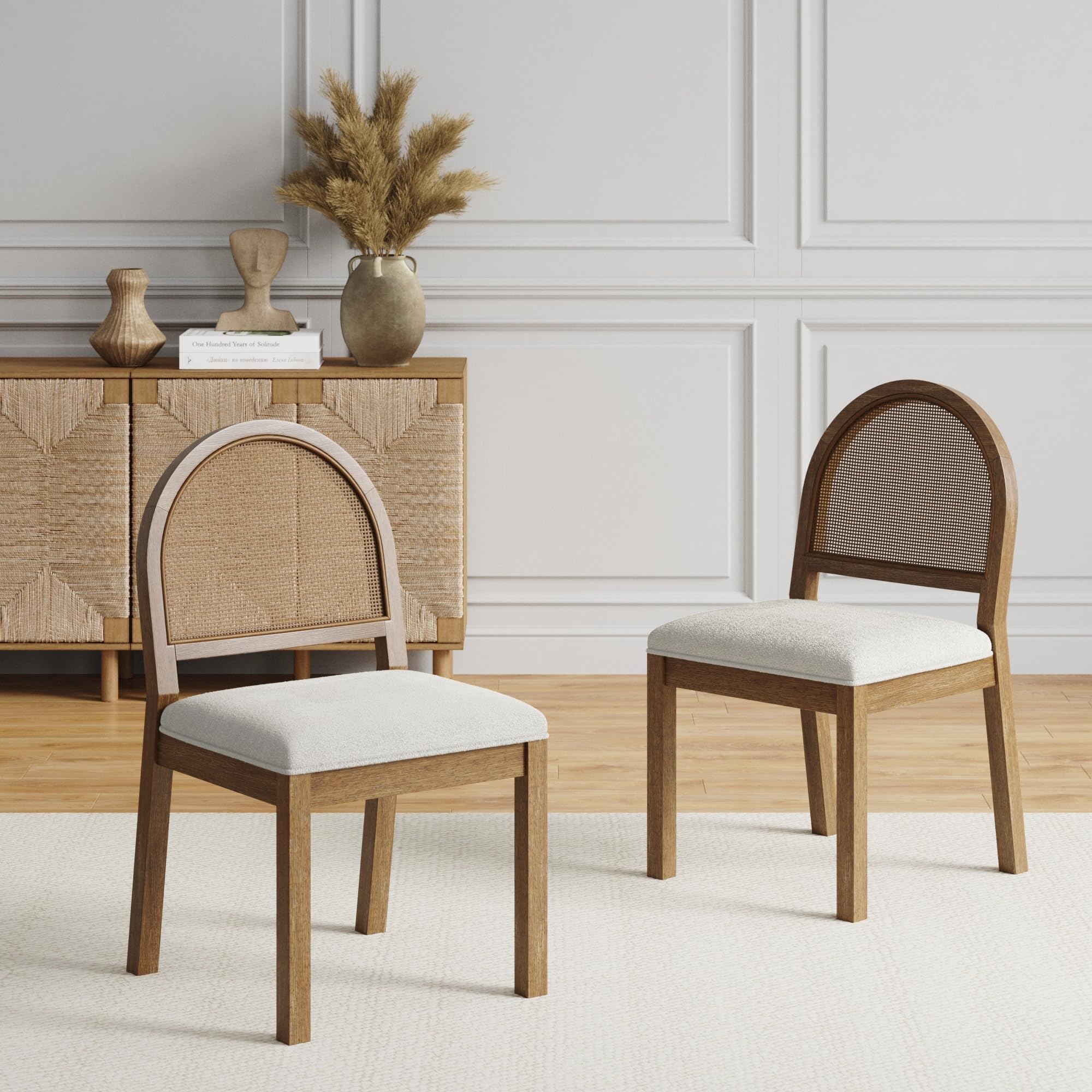 Nathan James Bailey 19 in. Boucle Dining Chair, Upholstered Side Chair with Natural Woven Rattan Back and Solid Wood Legs, Light Brown, Set of 2