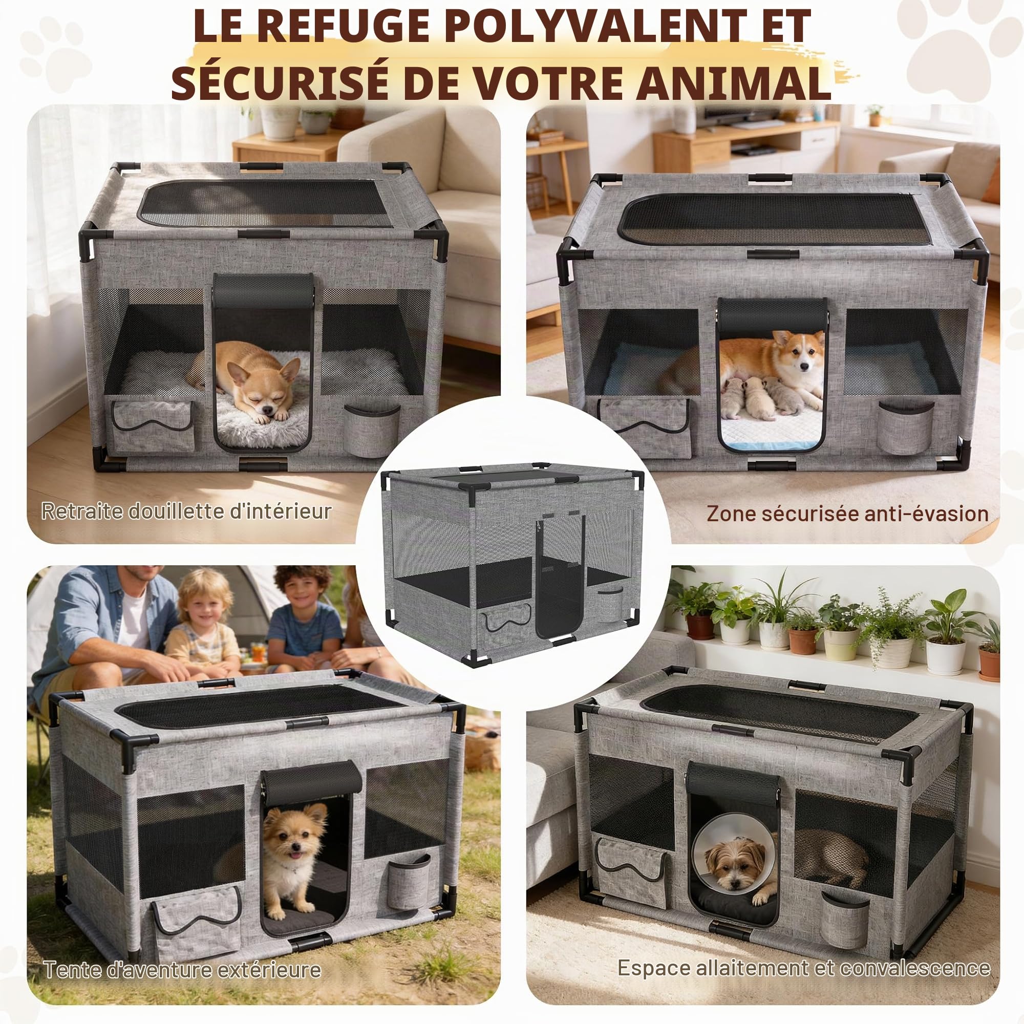 UISEBRT Parc pour chiots avec enclos, Parc pour chiot en tissu Oxford, filet respirant avec fermeture éclair et poche latérale, Parc et barrière pour chiens et chats, 100x60x60 cm Rectangle