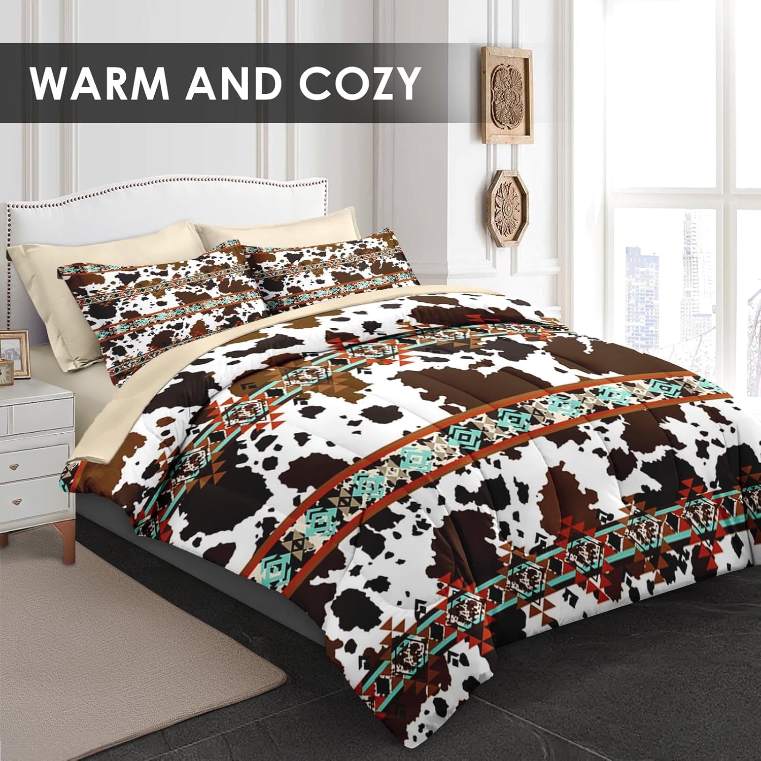 7 Pcs Queen Size Comforter Set with 2 Pillowcases & 2 Shams, Cow Print Brown Cowhide Bedding for Kids and Adults, Vintage Retro Bed in a Bag with Flat Fitted Sheet - Image 3