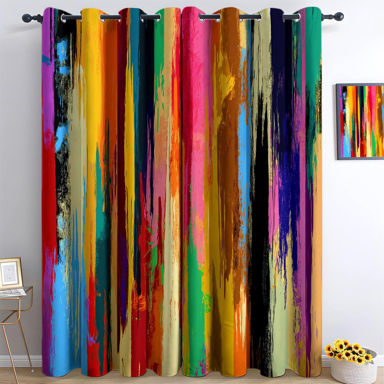 Blackout Abstract Stripes Artistic Print Window Curtains, W 46.1" x L 54.3" Thermal Insulated Curtains for Bedroom, Multicolor Eyelet Window Treatments for Living Room, 2 Panels