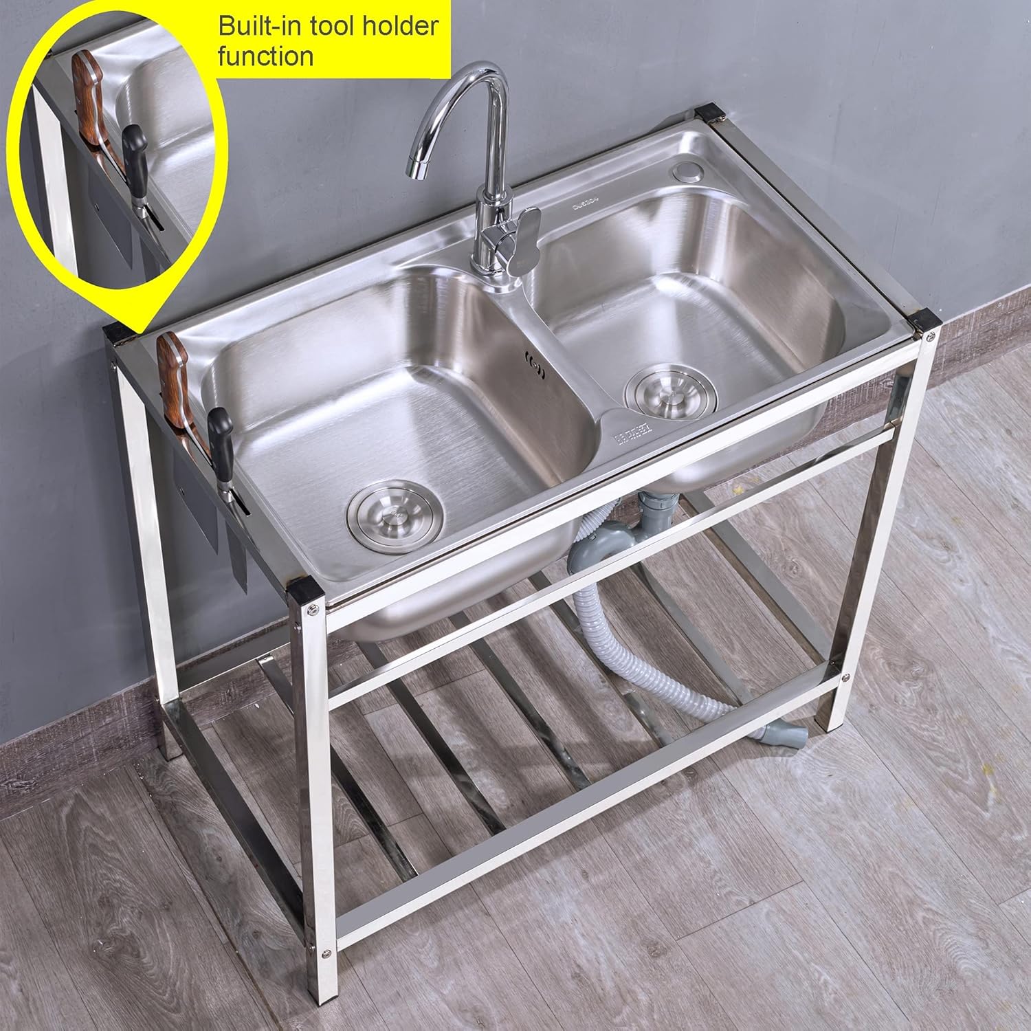 Commercial Stainless Steel Sink, 2 Compartment Free Standing Utility Sink,Movable Utility Sink Laundry Tub, for Garage, Restaurant, Kitchen, Laundry Room, Outdoor