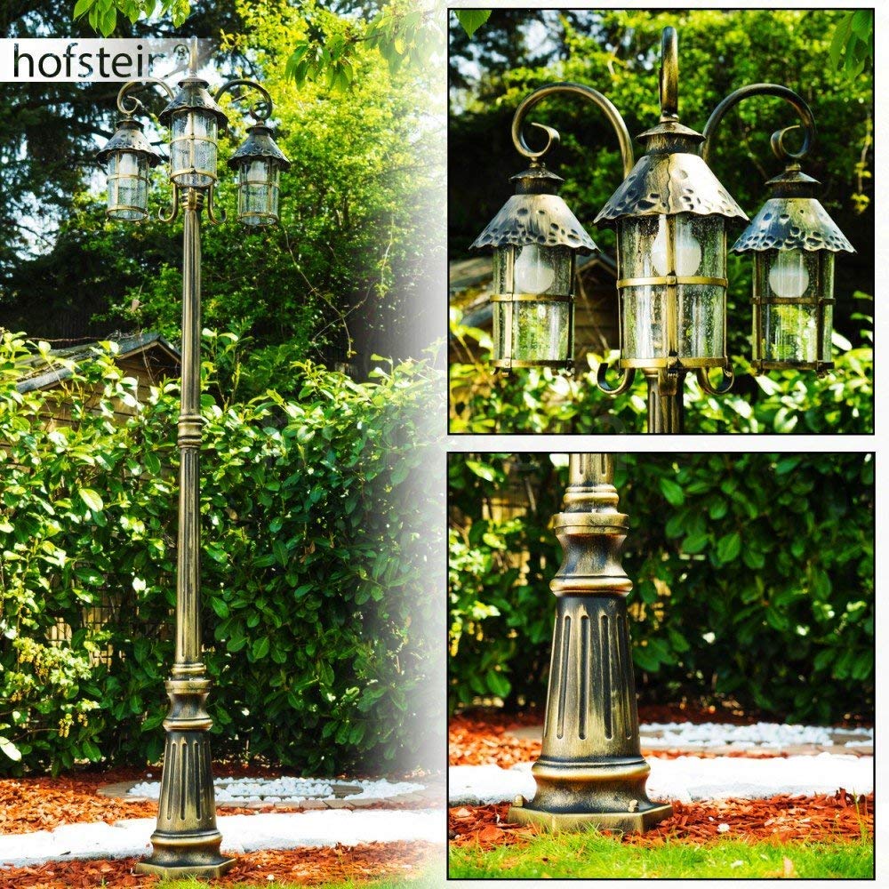 Lampada da esterno Tolep, candelabro in stile antico, metallo in marrone/oro, con vetri veri, lampada da sentiero a 3 bracci da 220 cm, lampada da giardino retrò/vintage, E27, IP44, senza lampadina/e