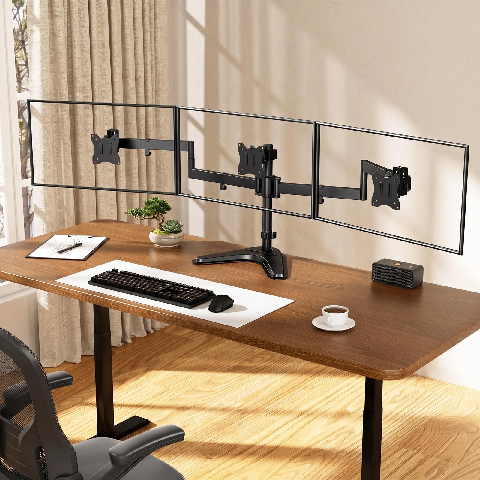 Soporte Triple para Monitor, Soporte de Escritorio Totalmente Ajustable para 3 Pantallas de hasta 27 Pulgadas, Base Ponderada y Gestión de Cables, Capacidad de 22 lbs por Brazo, Negro