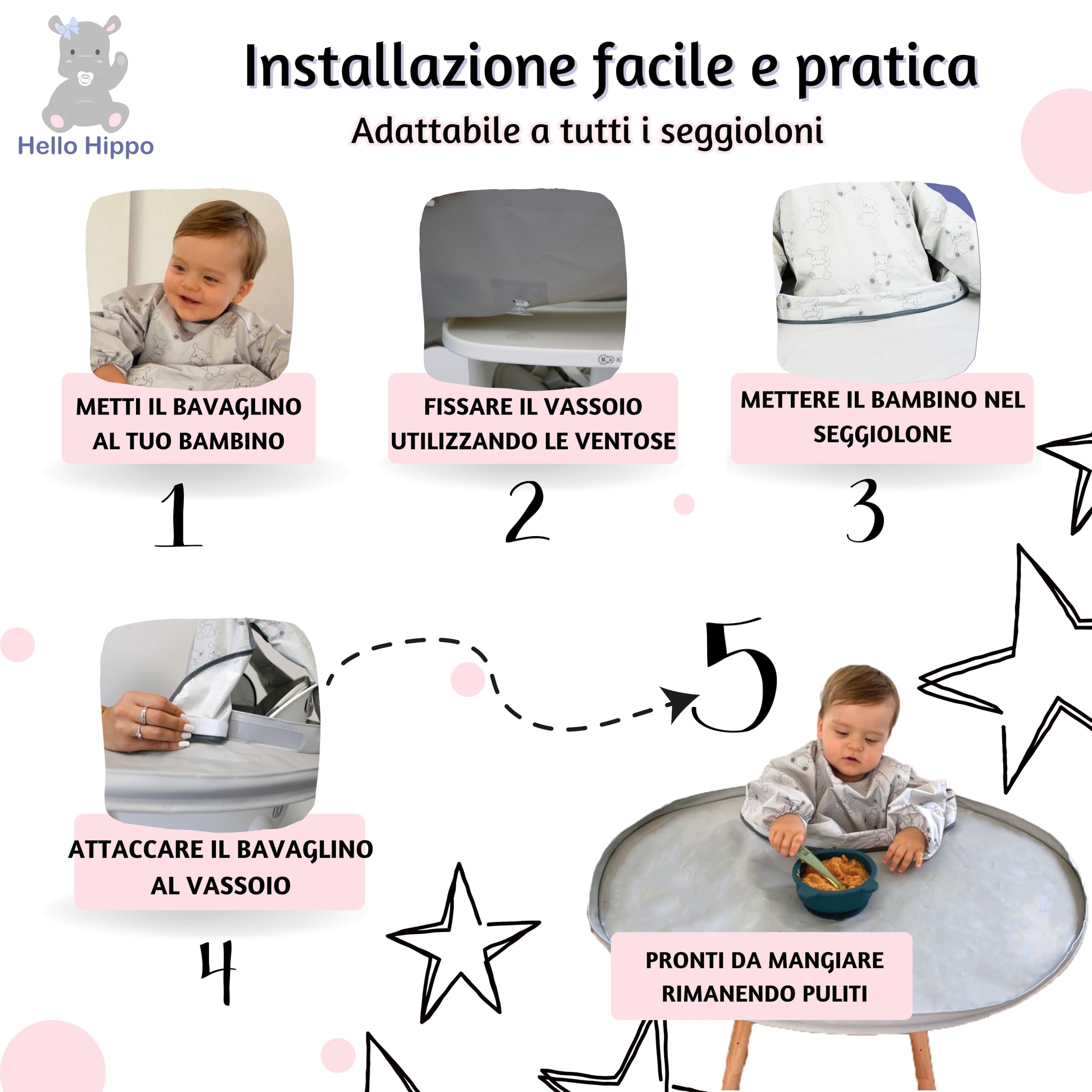 Hello Hippo® Kit 2 bavaglini impermeabili con vassoio didattico grigio per seggiolone – Vassoio con ventosa – Maniche lunghe per pappa, pittura e attività creative