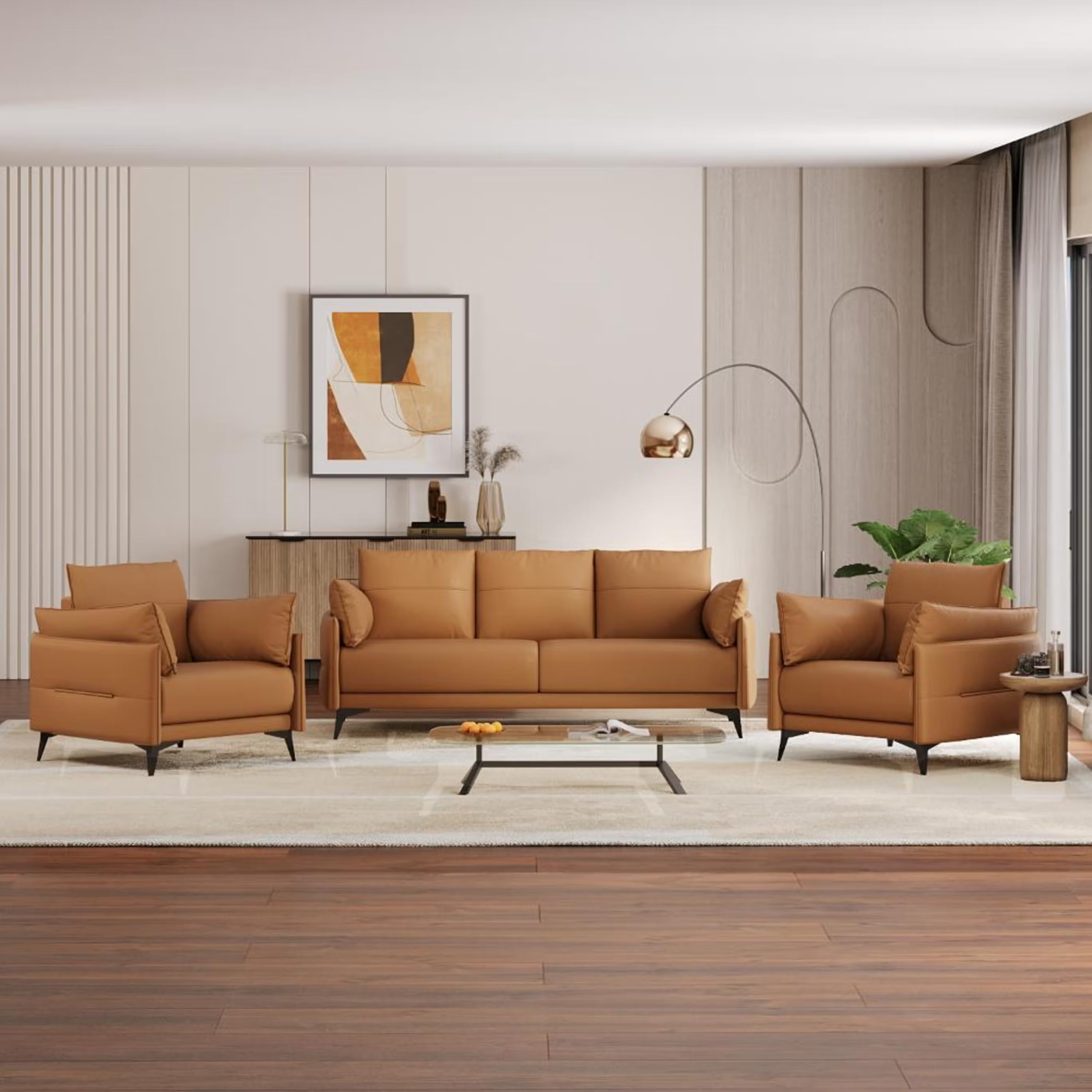 Modern Contemperory Leather Sofa Perfect for Living Room Bedroom Guests Home & Office (Brown, 2+1+1)-image-21