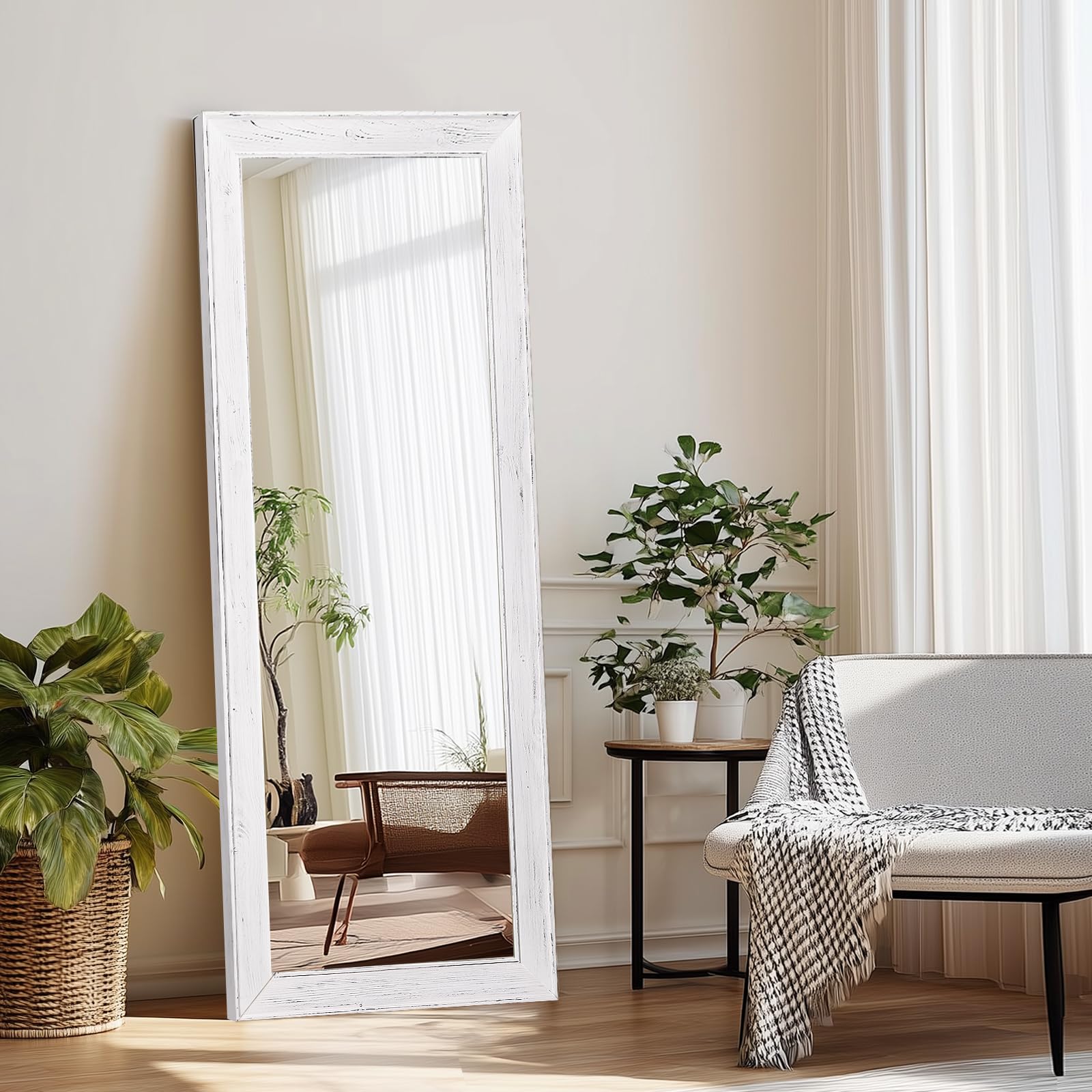 58x22in Full Length Mirror, Rustic White Beveled Wood Frame