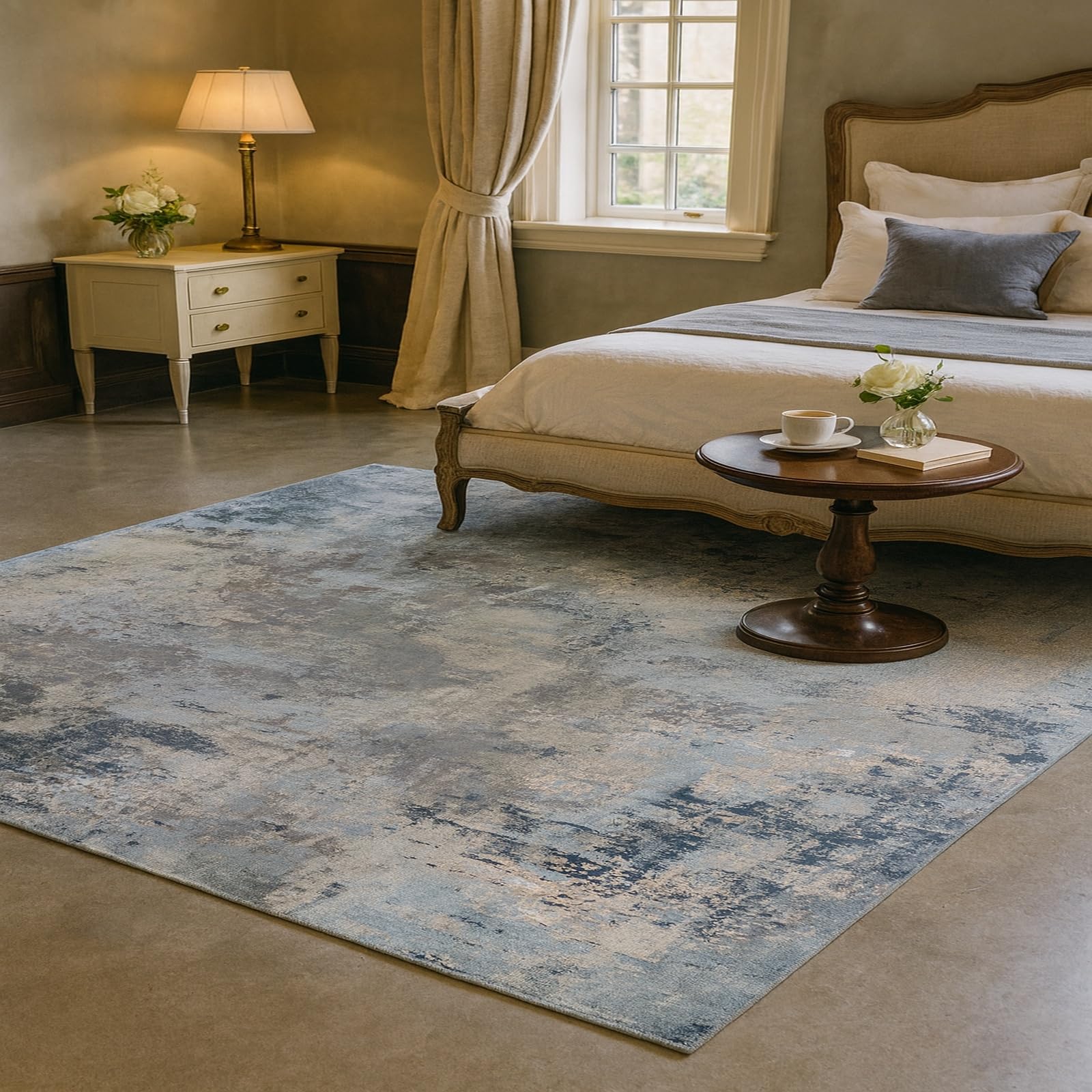 Tapis salon bleu gris marron pour réchauffer un sol froid et impersonnel